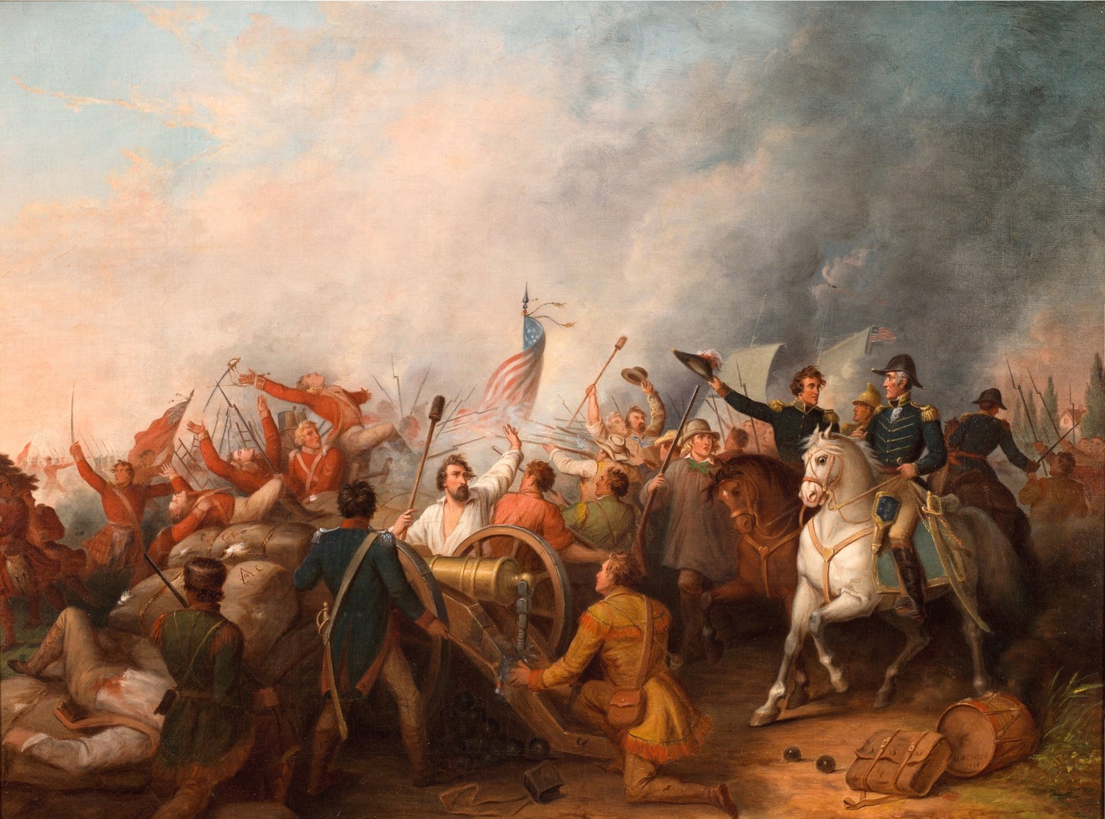 Oil painting of the Battle of New Orleans: American gunners and riflemen behind cotton bales fire on red-coated British troops on the left, while mounted American officers raise their hats on the right, under a sky full of smoke.