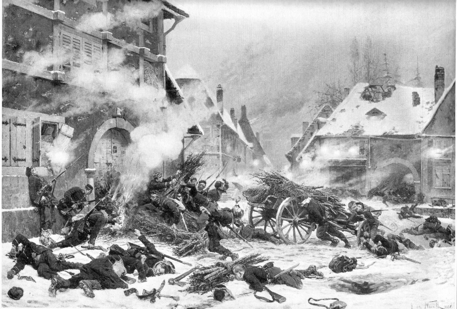 Black and white reproduction of a painting: French soldiers in a snowy village street drag carts and bundles of brushwood toward a burning house, firing at windows, with dead and wounded lying in the snow.