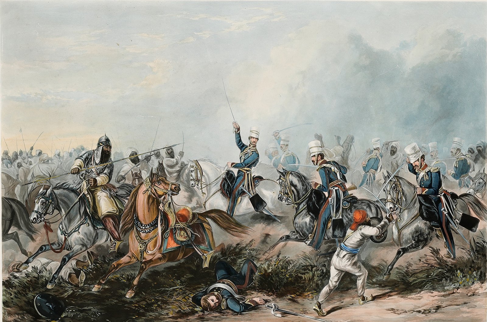 Hand-colored print of a cavalry fight in low scrub: British light dragoons in blue jackets and white-covered caps, one officer raising his sword, clash with Sikh horsemen in helmets and turbans, while a dragoon lies fallen in the foreground.