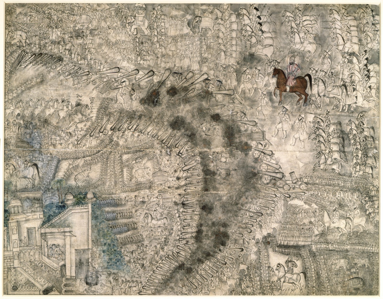 Ink and wash painting seen from above: long curved rows of cannon fire into clouds of gray smoke, with ranks of horsemen and soldiers massed around them, a rider on a brown horse at upper right and a walled building at lower left.