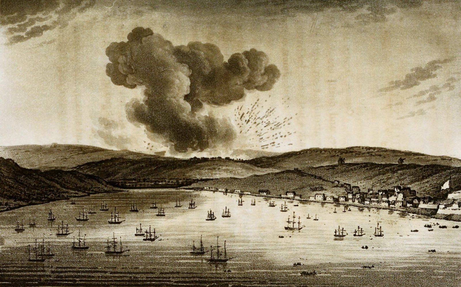 Sepia print of Corunna in 1809: a huge cloud of smoke and flying debris rises above the hills behind the harbor, with many sailing ships at anchor in the bay and the town along the shore on the right.