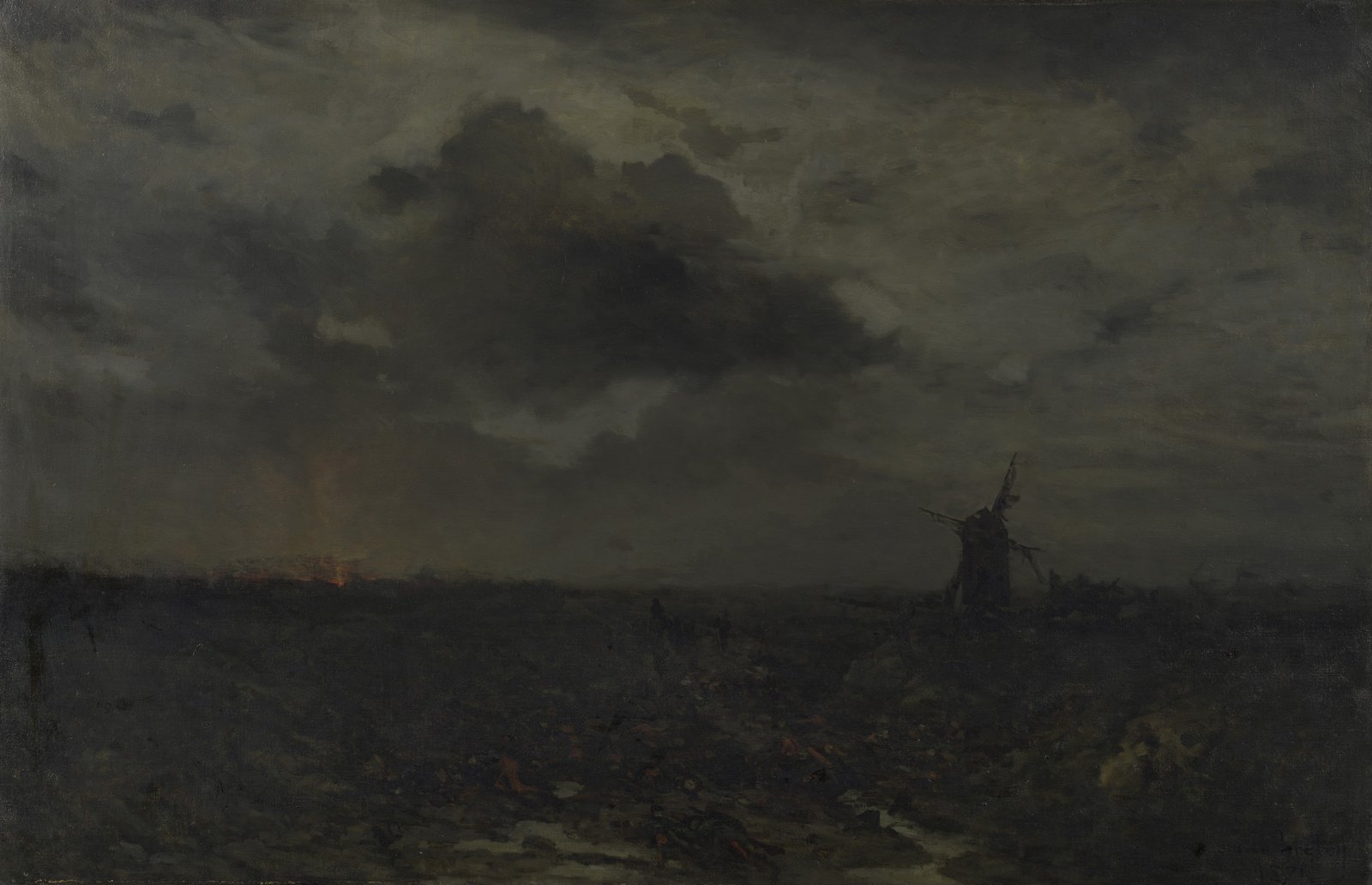 Dark oil painting of a flat, empty battlefield at night under heavy clouds: a broken windmill stands on the right, fires glow red on the horizon on the left, and bodies lie scattered across the muddy ground.
