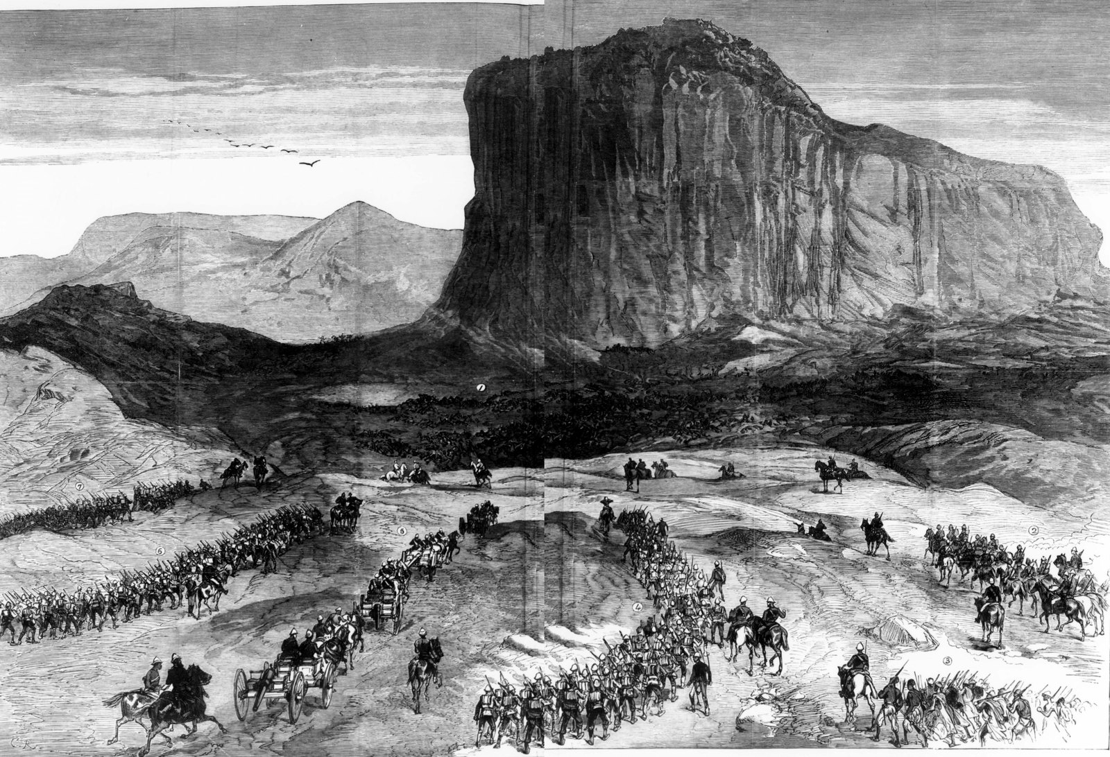 Wood engraving of the steep rock of Isandlwana rising above a plain, with columns of British infantry, mounted men and gun teams advancing toward it in the foreground.