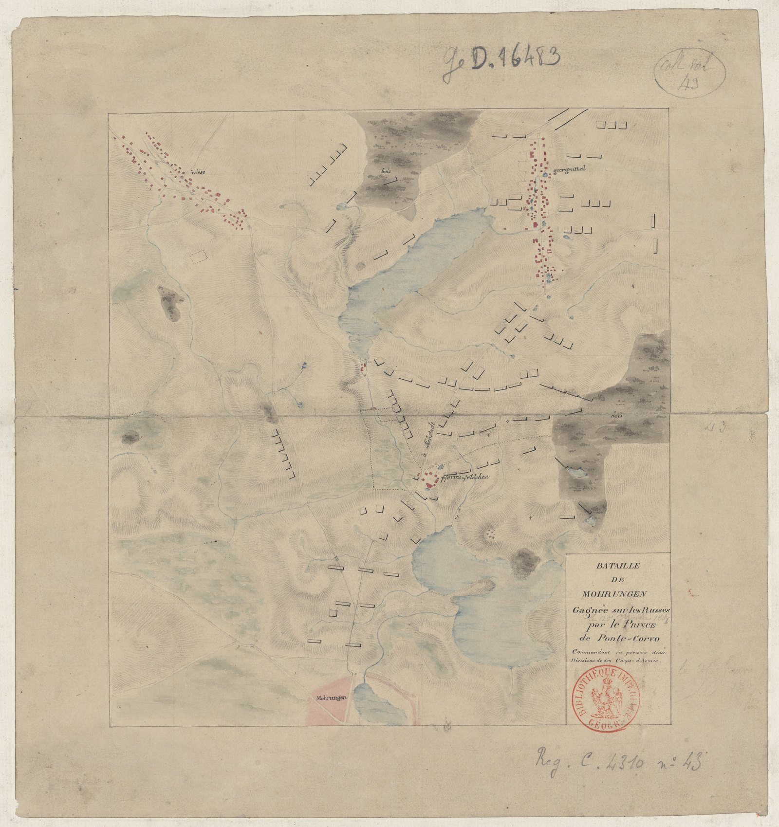 Hand-drawn and watercolored battle plan from 1807: hills shown by hachures, two lakes, woods and the villages of Georgenthal and Pfarrersfeldchen, with lines of troop positions north of the town of Mohrungen at the bottom.