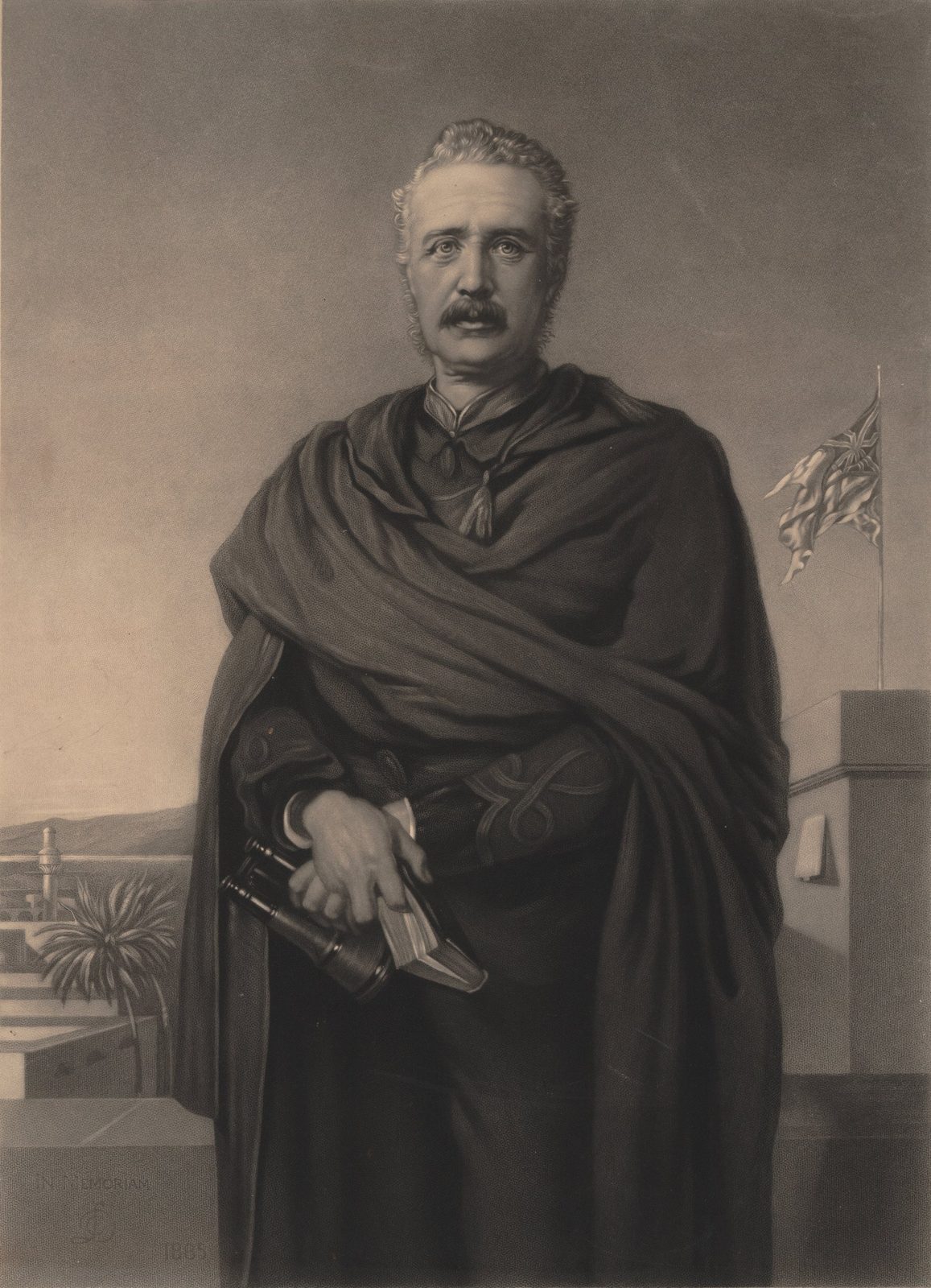 Engraved full-length portrait of General Charles Gordon in uniform and a heavy cape, holding a book and binoculars, standing on a flat rooftop with palm trees and a flag behind him.