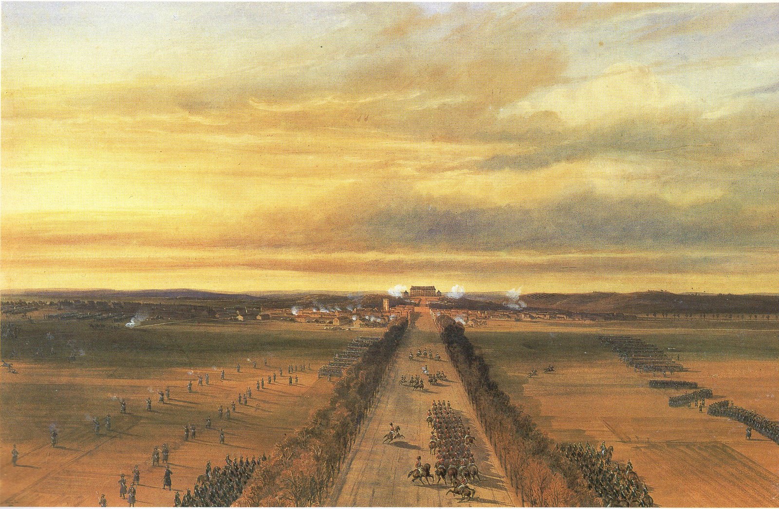 Watercolor-style painting of the Battle of Brienne at sunset: a long tree-lined avenue leads to the town and the château on the horizon, with smoke rising from the town, a column of mounted chasseurs on the avenue and infantry lines in the fields on both sides.