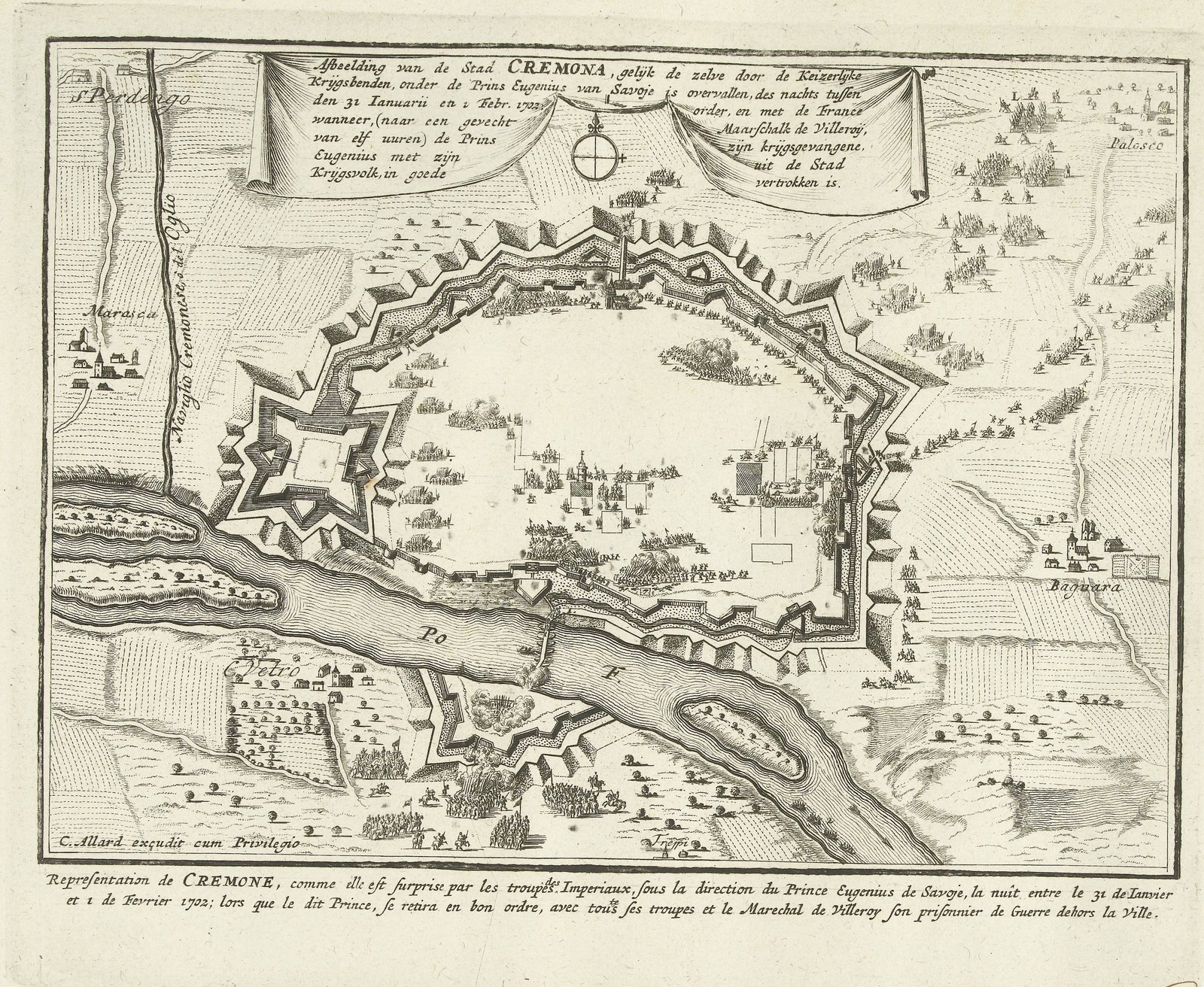 Engraved bird's-eye plan of the walled town of Cremona on the river Po, with bastions, a star-shaped citadel, a bridge across the river and small groups of soldiers fighting in the streets and fields.
