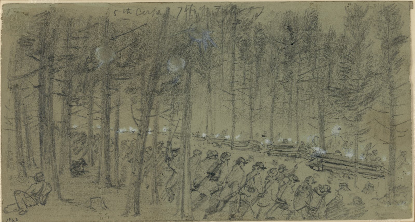 Pencil sketch on olive paper: Union infantry rush forward through a wood of tall pines toward a line of log breastworks, where puffs of musket smoke rise, while shells burst among the treetops.
