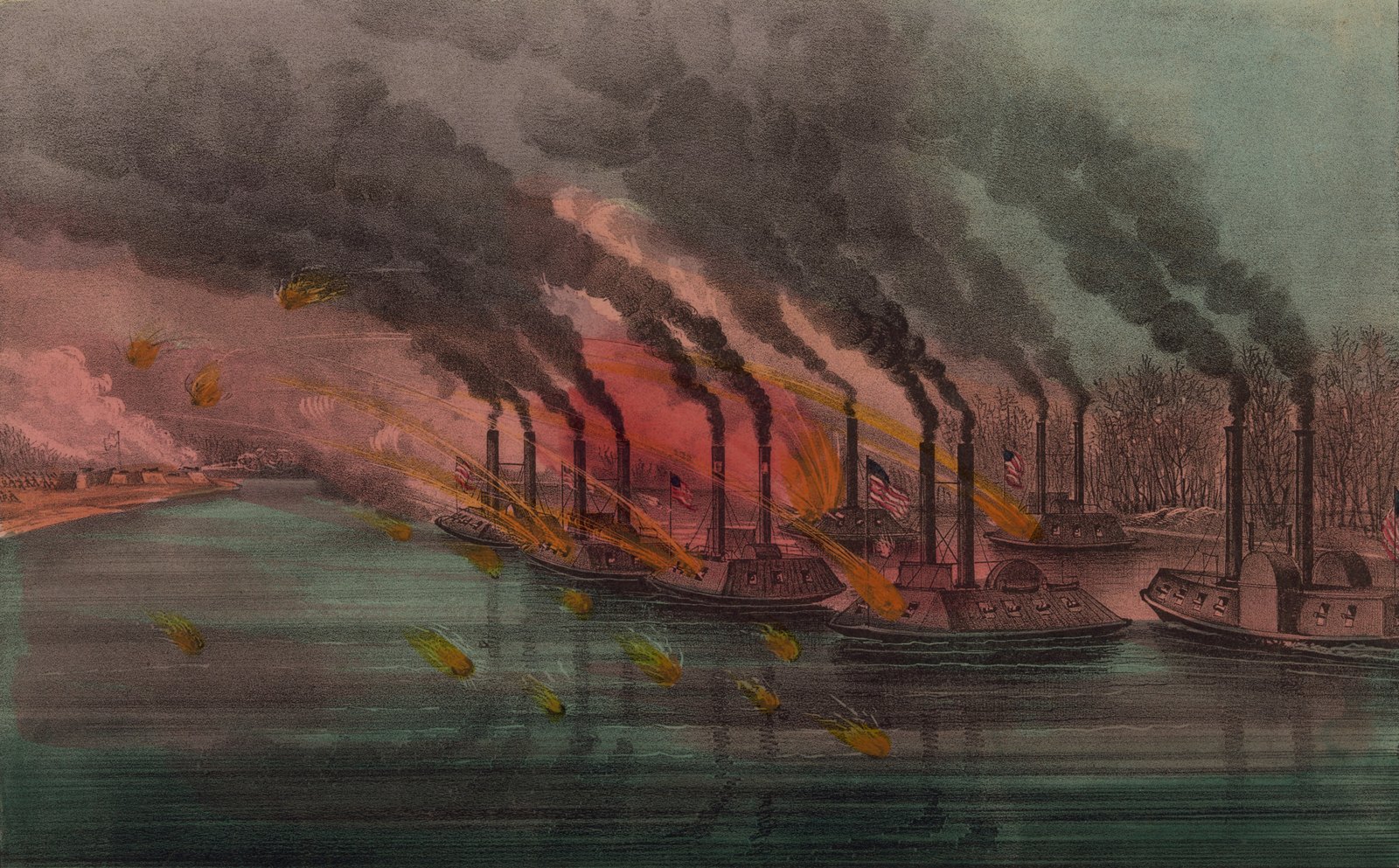 Hand-colored lithograph: a line of Union ironclad and wooden gunboats on a broad river pour out black smoke as they fire on a low earthen fort on the left bank, with shells flying through a reddened sky.