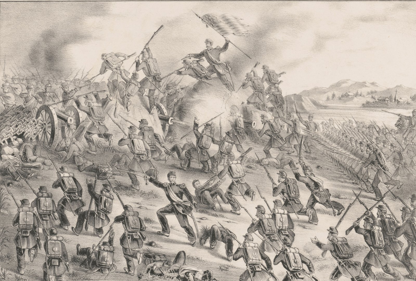 Black and white lithograph: Union infantry with knapsacks and fixed bayonets storm a Confederate earthwork, an officer waving a sword in front and a color bearer with the flag on top of the parapet beside an overturned cannon.