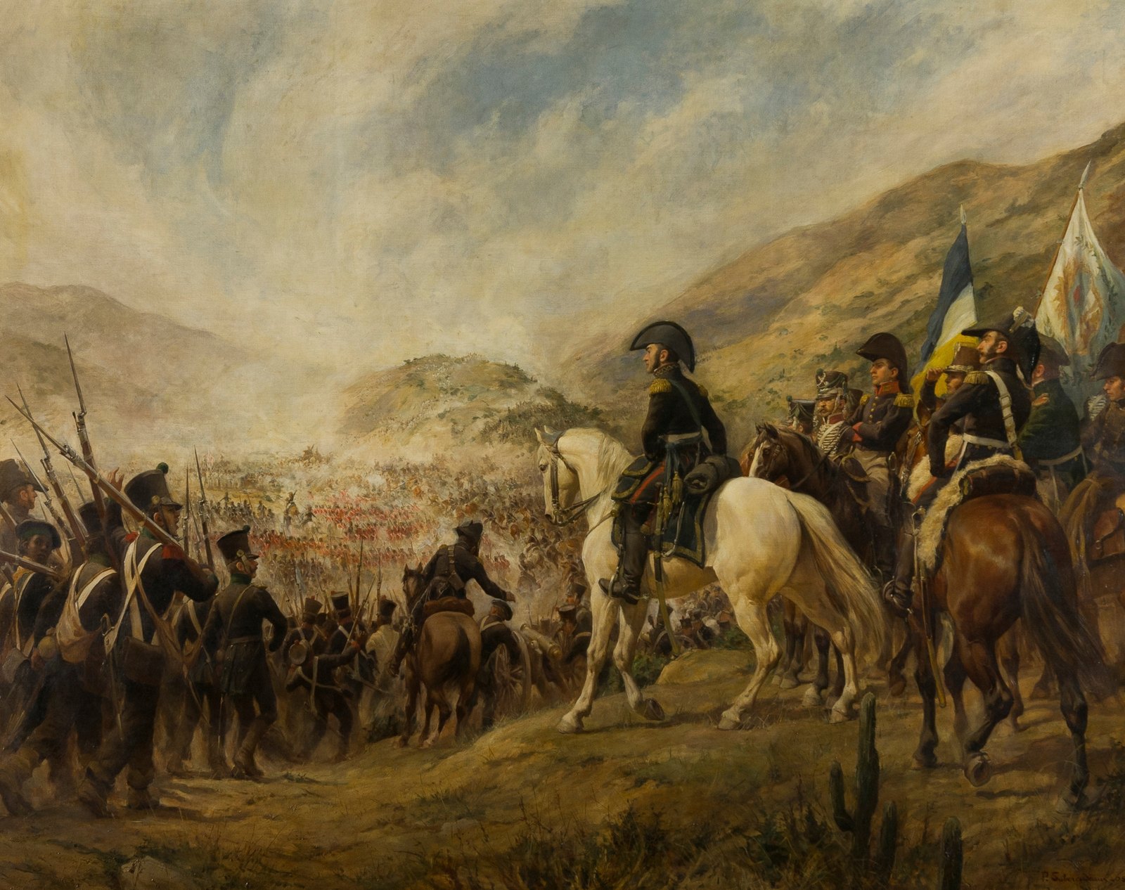 Oil painting: a general on a white horse and his mounted staff with flags watch from a hillside as columns of infantry with muskets advance into a dusty valley where the battle is raging, under a pale sky.