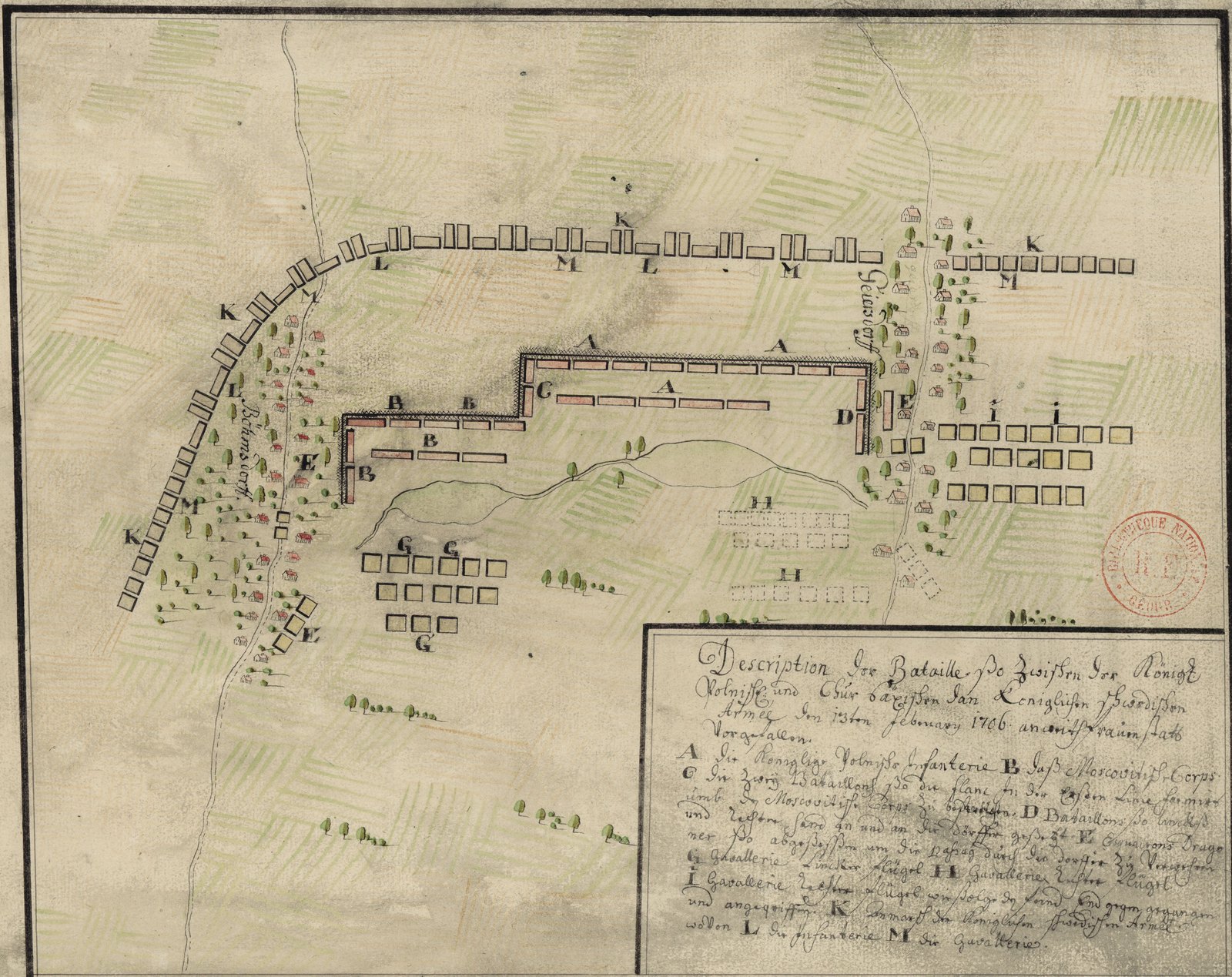 Hand-drawn and colored plan of the Battle of Fraustadt: rows of rectangles mark the battle lines of the two armies between two villages and green fields, with a legend in German handwriting in the lower right corner.