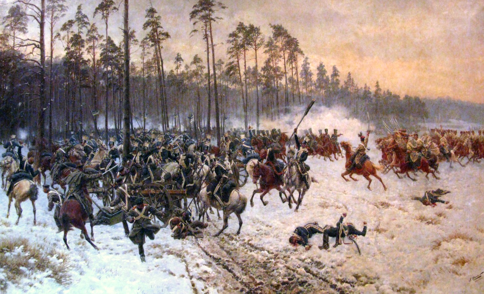 Painting of a cavalry fight in the snow at the edge of a pine forest: horsemen gallop in from the right with sabers raised against a battery of horse artillery and its escort, while fallen soldiers lie in the foreground.