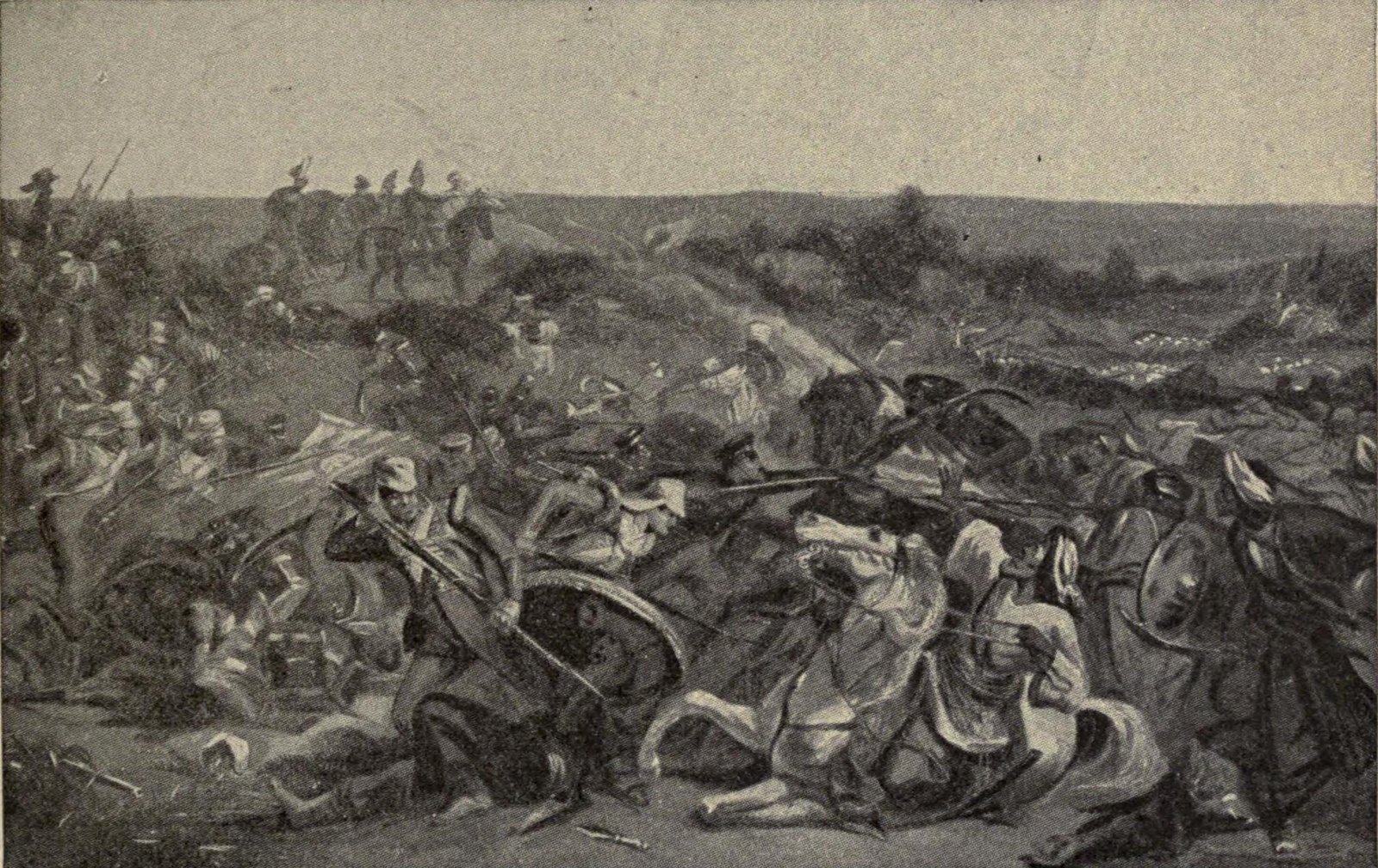 Black and white halftone of the Battle of Miani: in the foreground British infantrymen with bayonets fight at close quarters with Baluch warriors carrying round shields and swords, a fallen white horse among them, while mounted officers watch from higher ground on the left and smoke drifts over a low ridge.