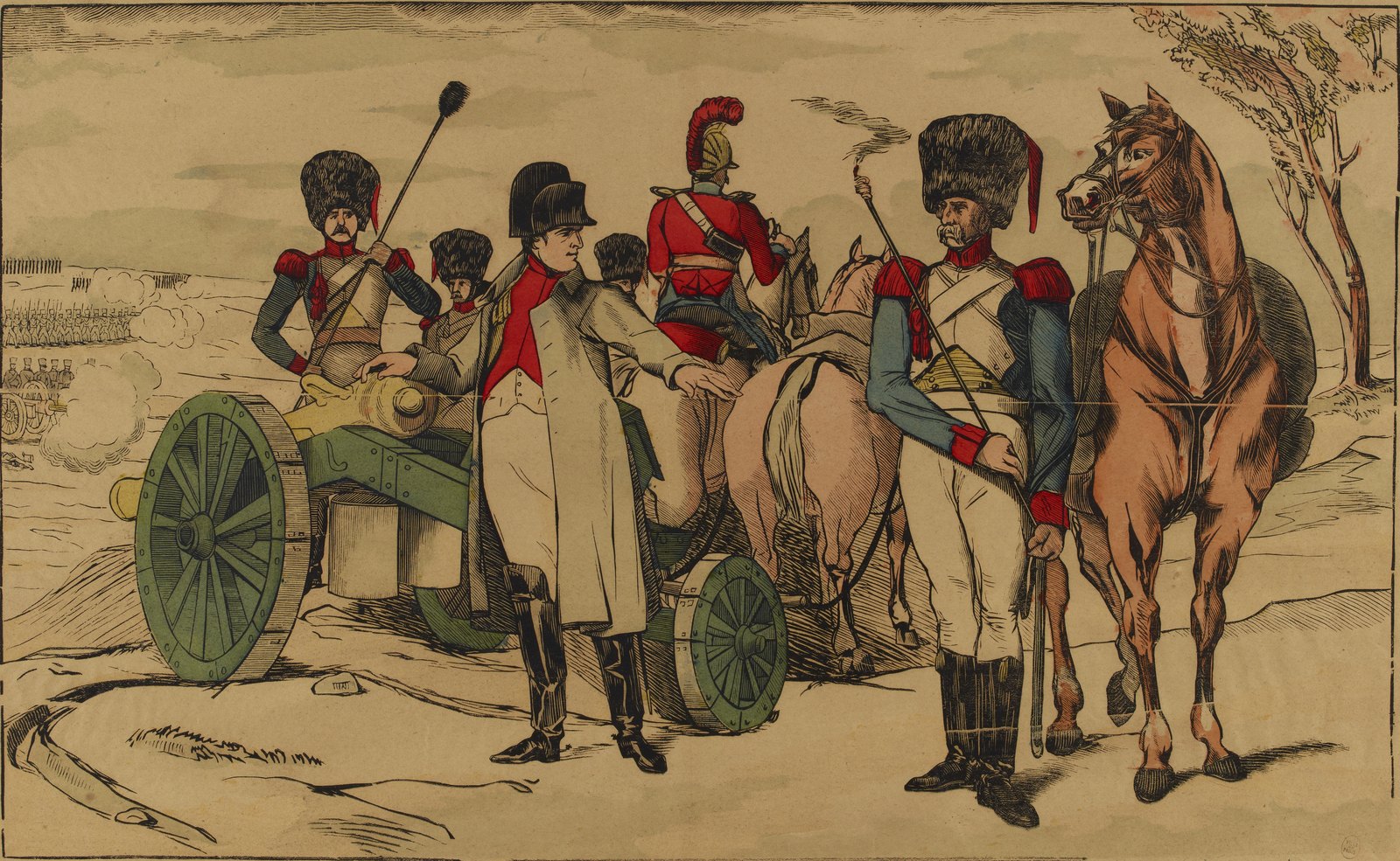 Hand-colored folk print titled Napoléon à Montereau: Napoleon in a gray greatcoat and black bicorne stands beside a green field gun, pointing toward the enemy, among Imperial Guard gunners in tall bearskin caps; a horseman in a red coat and plumed helmet waits behind him, a grenadier holds a saddled chestnut horse on the right, and columns of troops and smoke fill the plain in the background. A block of printed text runs under the picture.