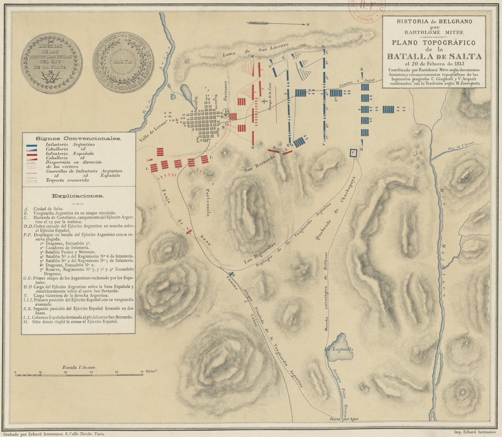 Nineteenth-century colored topographic plan of the Battle of Salta: the grid of the city sits among shaded hills, with blue blocks for the Argentine units north and east of the town and red blocks for the Spanish royalist units around it, dotted lines tracing the army's route through the ravines from the southeast, a key of symbols on the left and two drawings of the battle medal in the top left corner.