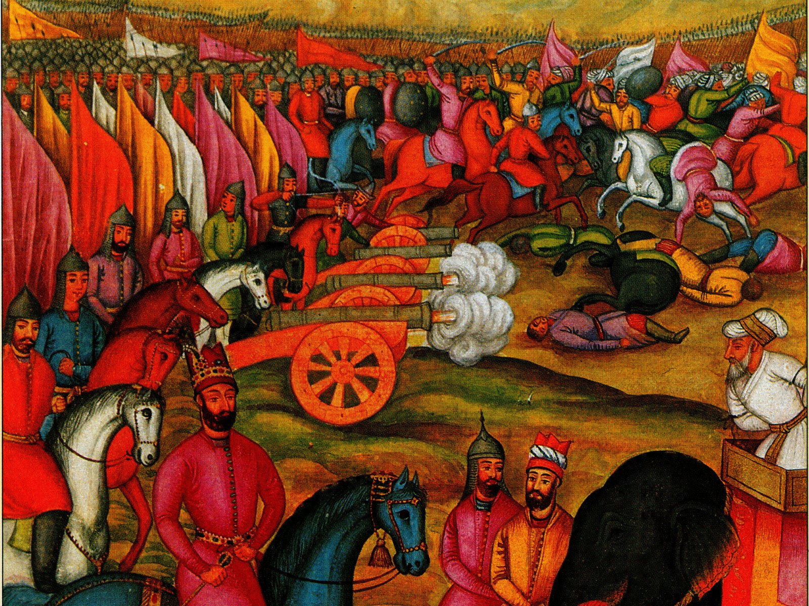 Persian manuscript painting: in the foreground Nader Shah in a red coat and tall red cap rides a dark horse past officers standing beside a large elephant, while behind them cannon on red carriages fire into white smoke and ranks of horsemen with bright banners clash on a plain below distant mountains and a walled fortress; severed heads lie on the ground at the bottom.