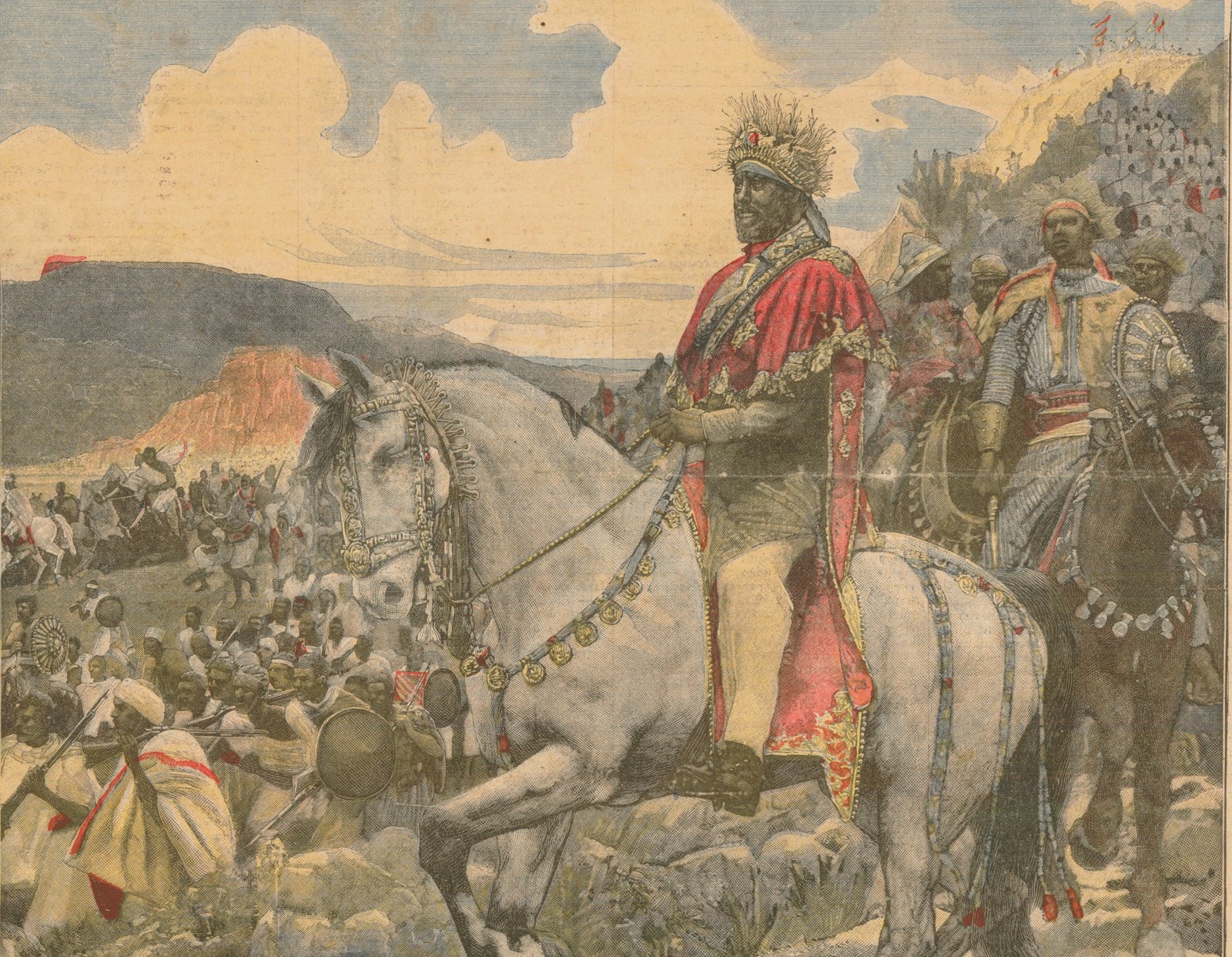 Color newspaper illustration of Emperor Menelik II on a white horse, wearing a red cloak and a crown of lion's mane, with Ethiopian riflemen and mounted warriors around him and mountains behind.