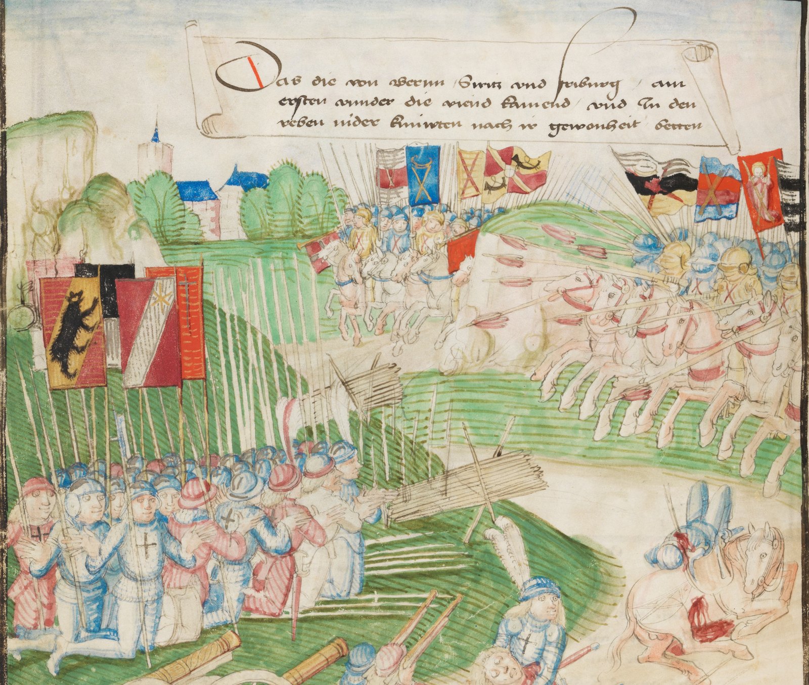 Late medieval manuscript painting: Swiss soldiers with long pikes and the banners of Bern and other towns kneel in prayer on a green hillside, while Burgundian horsemen with lances charge toward them from the right and cannon stand in the foreground.