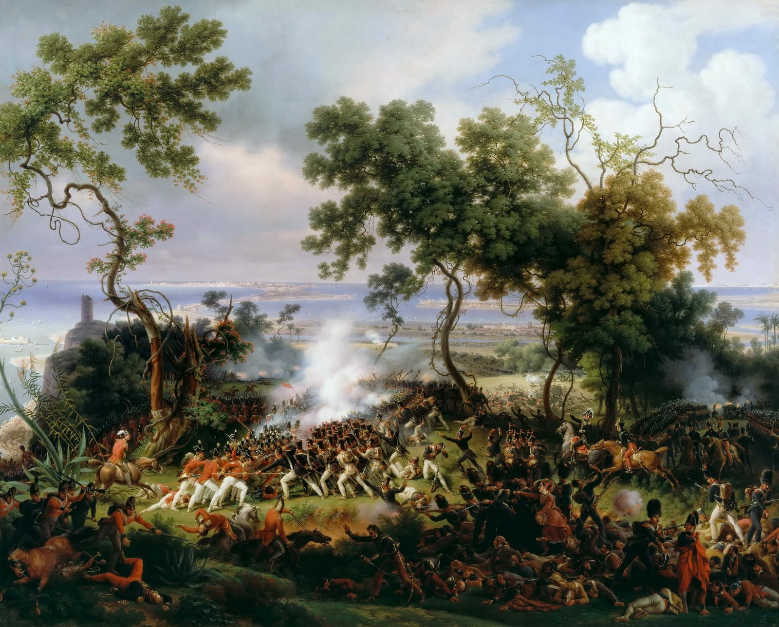 Oil painting of the Battle of Barrosa: British redcoats and French infantry fight in smoke among tall pine trees on a hillside, with wounded men in the foreground and the sea and the coast in the distance.