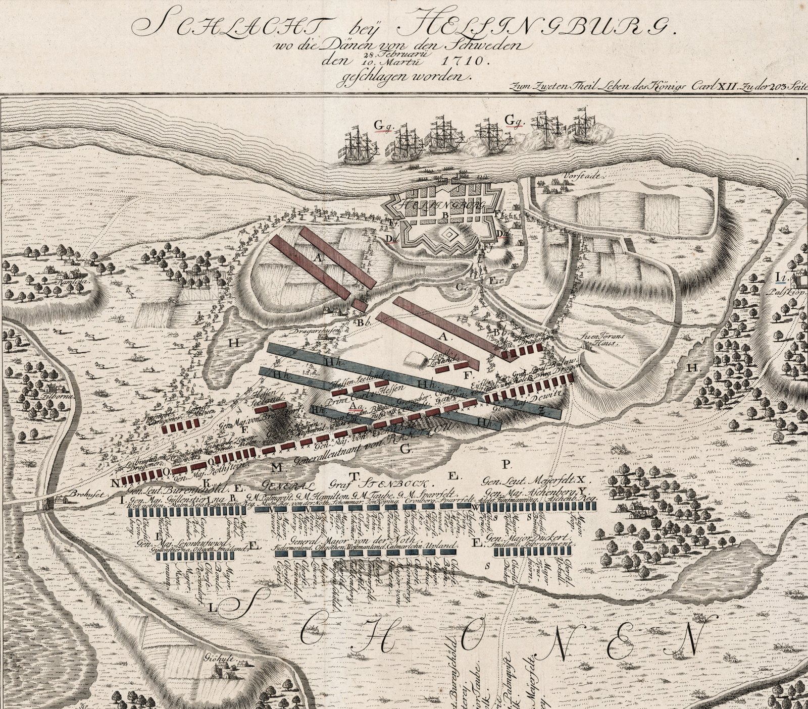 Eighteenth century engraved battle plan: the walled town of Helsingborg on the coast with ships offshore, colored lines of Danish and Swedish troops facing each other on open ground north-east of the town, woods and fields around, and a German title giving the date as 28 February and 10 March 1710.