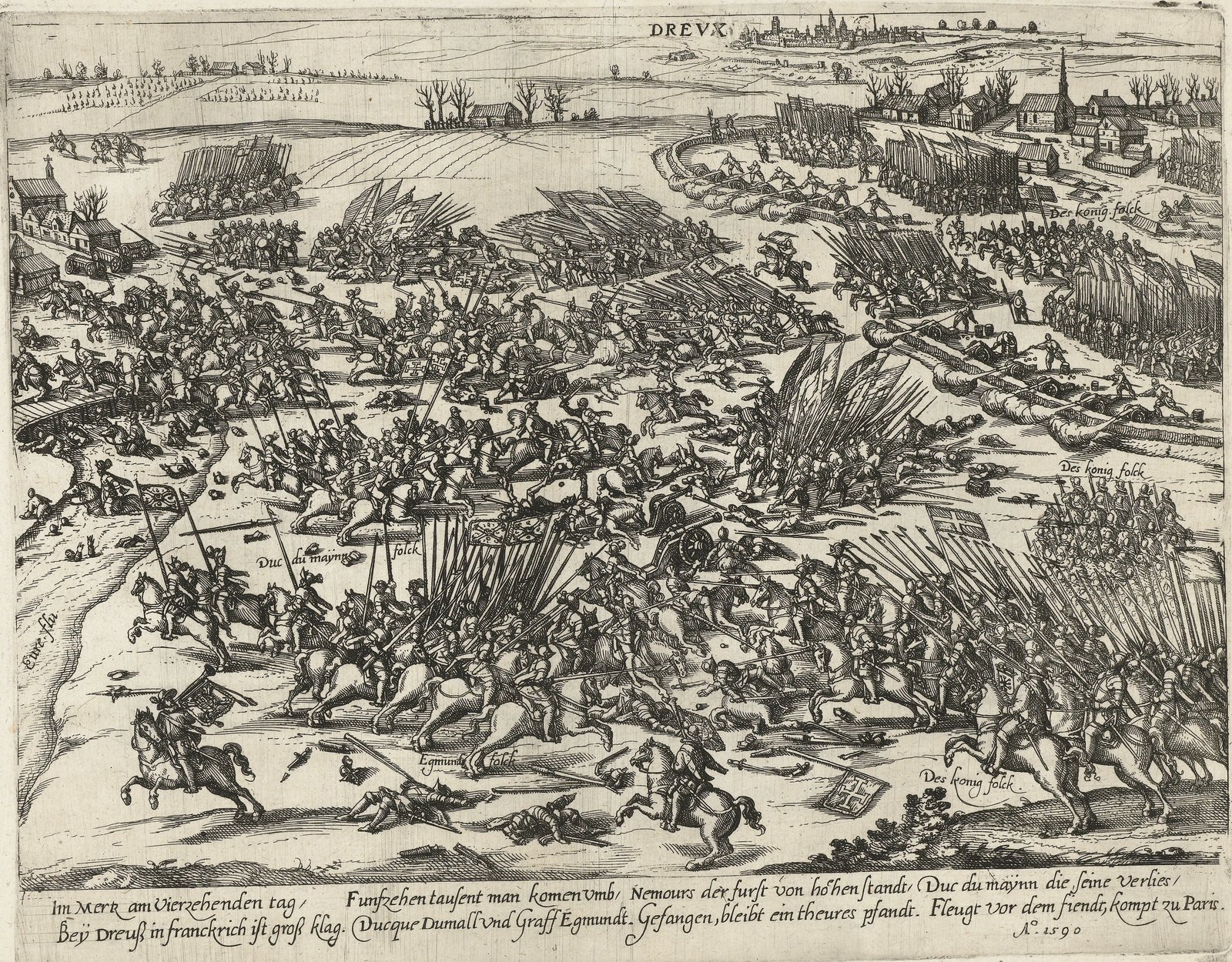 Engraving of the Battle of Ivry seen from above: masses of cavalry with lances and infantry with pikes clash across open fields, cannon fire from the right, the river Eure winds on the left and the town of Dreux stands on the horizon, with German verses along the bottom.