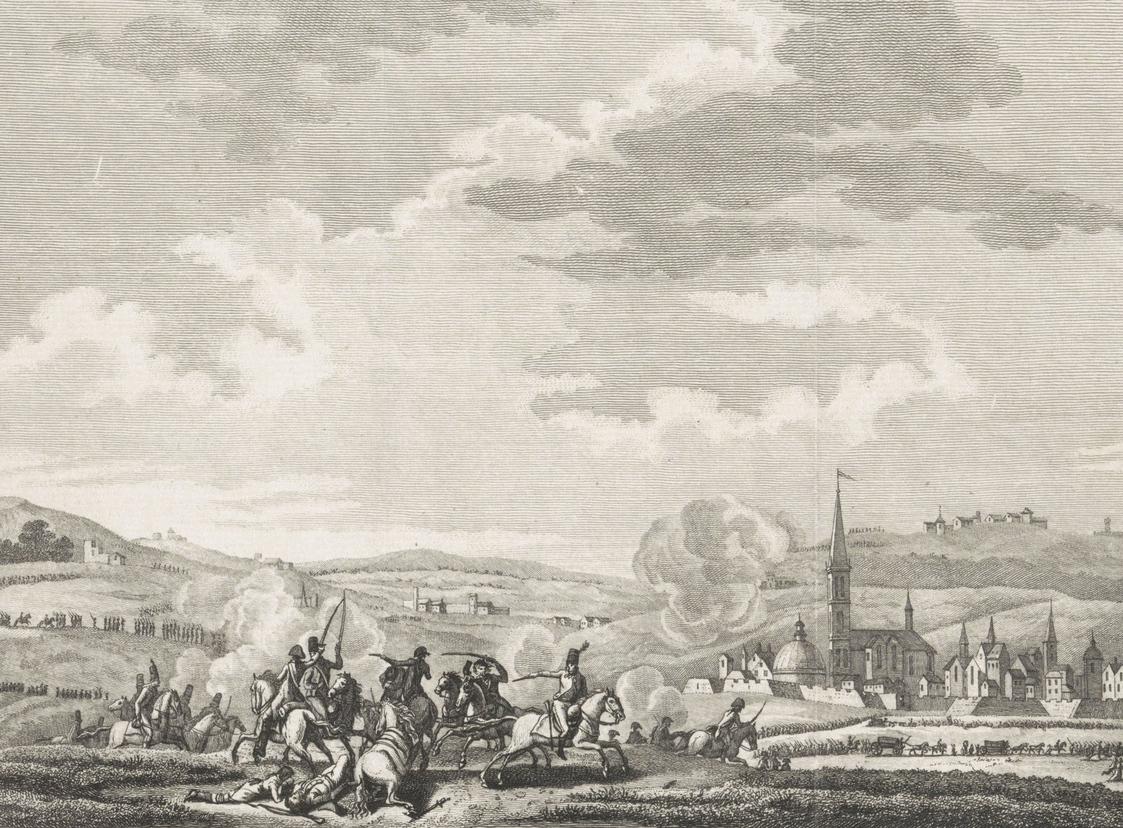 Late 18th-century etching of the Battle of Neerwinden: horsemen clash with sabers in the foreground amid fallen soldiers, while smoke rises beside a town with a tall church spire and lines of troops cross the rolling fields behind.