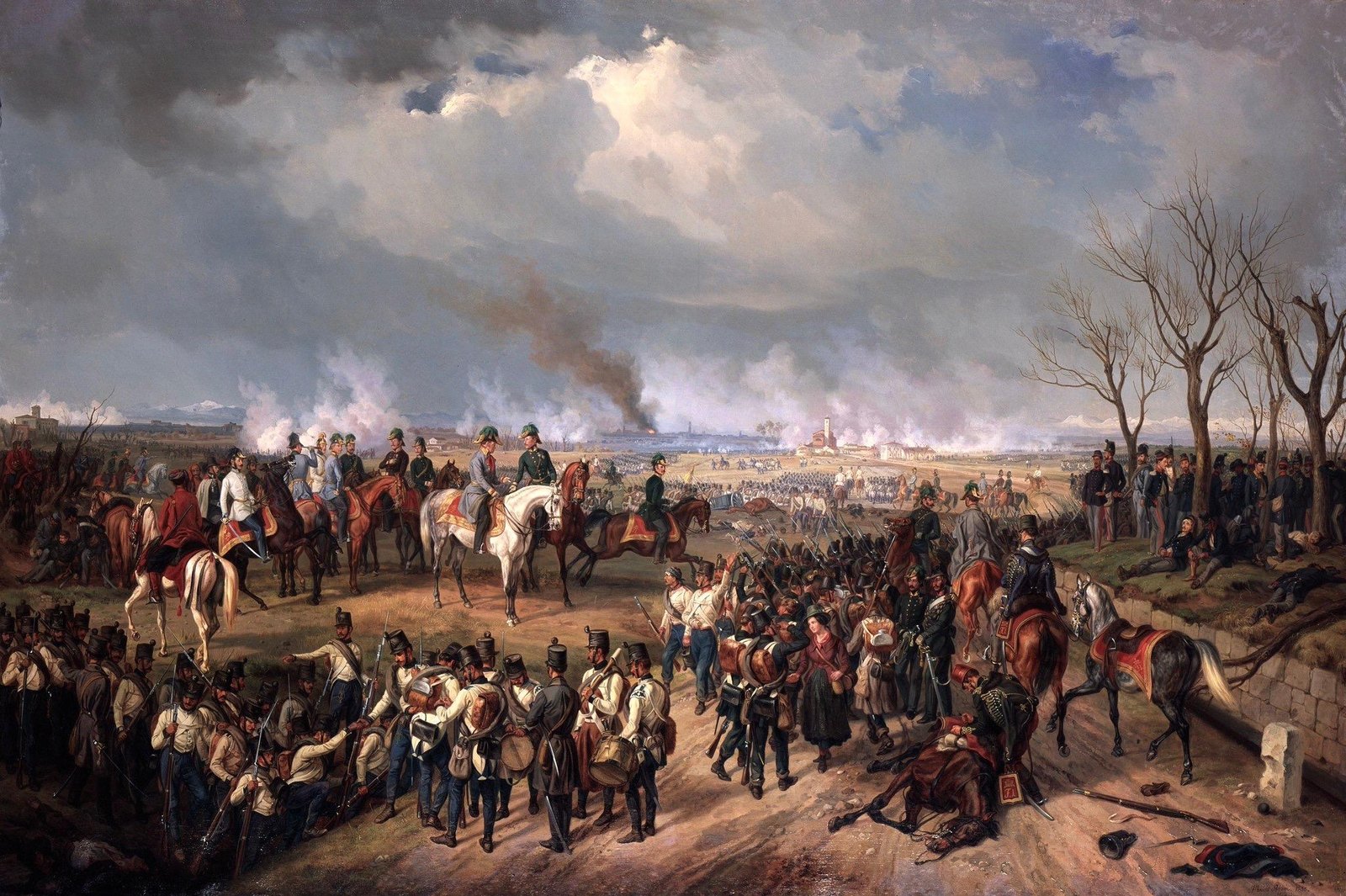 Oil painting of an Austrian army on a road outside Novara: Radetzky and his mounted staff at the center left, white-coated infantry and drummers in the foreground, wounded men and a fallen horse by the roadside, and smoke from the fighting rising over the plain and the town beyond.