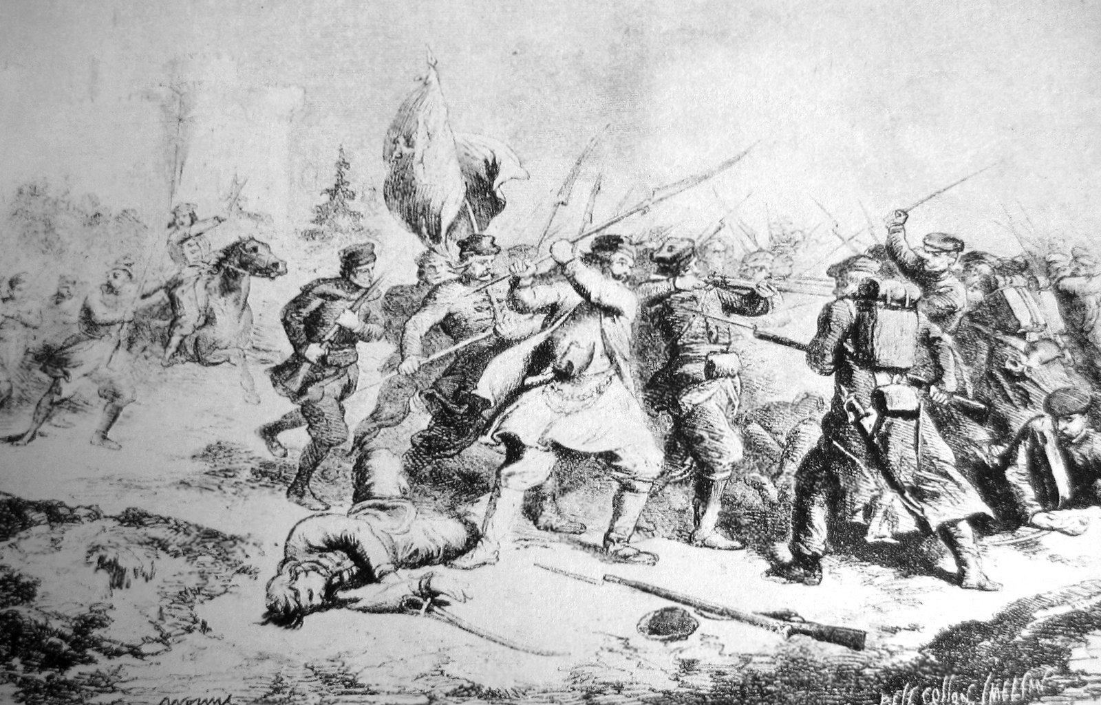 Black-and-white 19th-century engraving of a close fight: insurgents with scythes, rifles and a banner clash with Russian infantry in caps and greatcoats, while a fallen man lies in the foreground and a horseman rides in on the left.