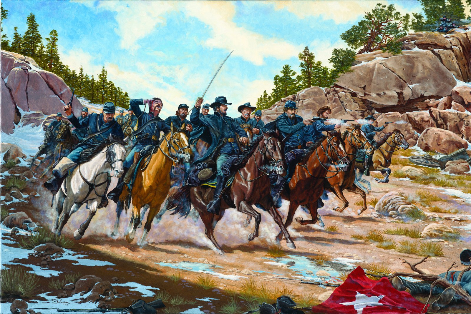 Painting of Union cavalrymen in blue charging on horseback through a rocky, snow-patched canyon, an officer raising his saber, with a fallen red flag bearing a white star in the foreground and a wrecked gun carriage on the right.