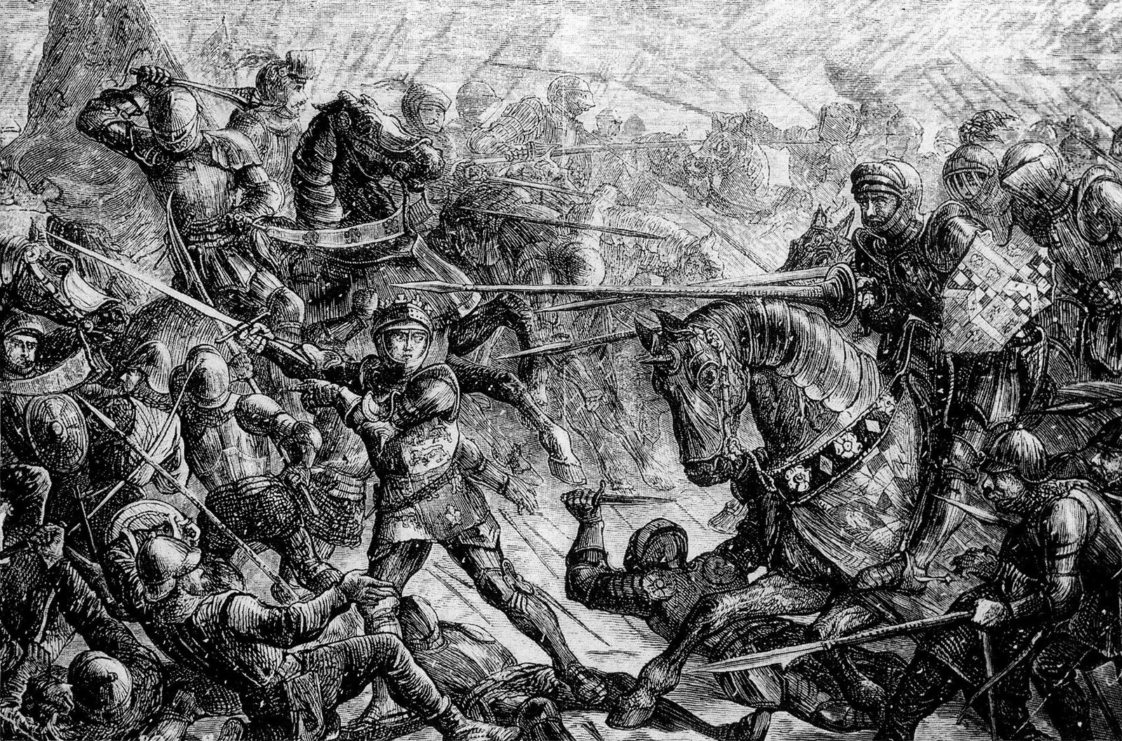 Black-and-white Victorian engraving of the Battle of Towton: armored knights and foot soldiers fight hand to hand in slanting snow, while a mounted knight in a heraldic surcoat charges with a lance over fallen men.