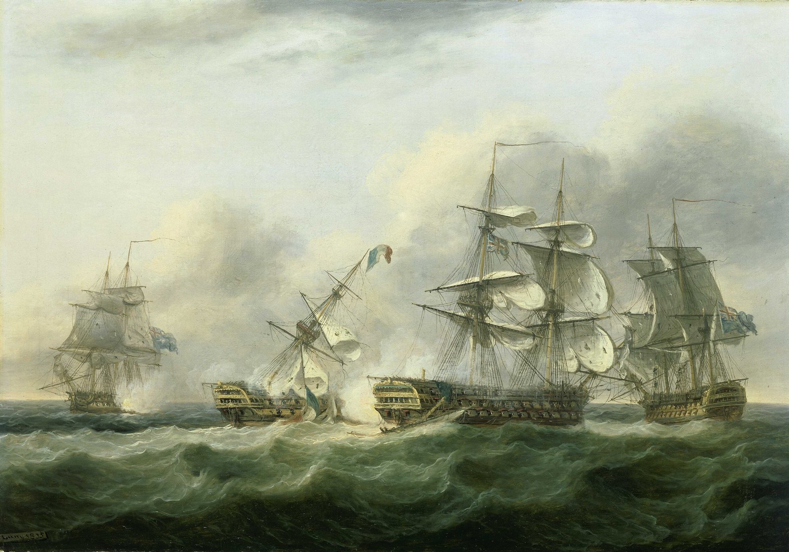 Oil painting of a sea battle in choppy water: a French warship on the left loses her last mast, her flag trailing in the sea, while a British ship of the line masks her bow in gunsmoke, a frigate fires from behind and a third British ship stands off to the right.