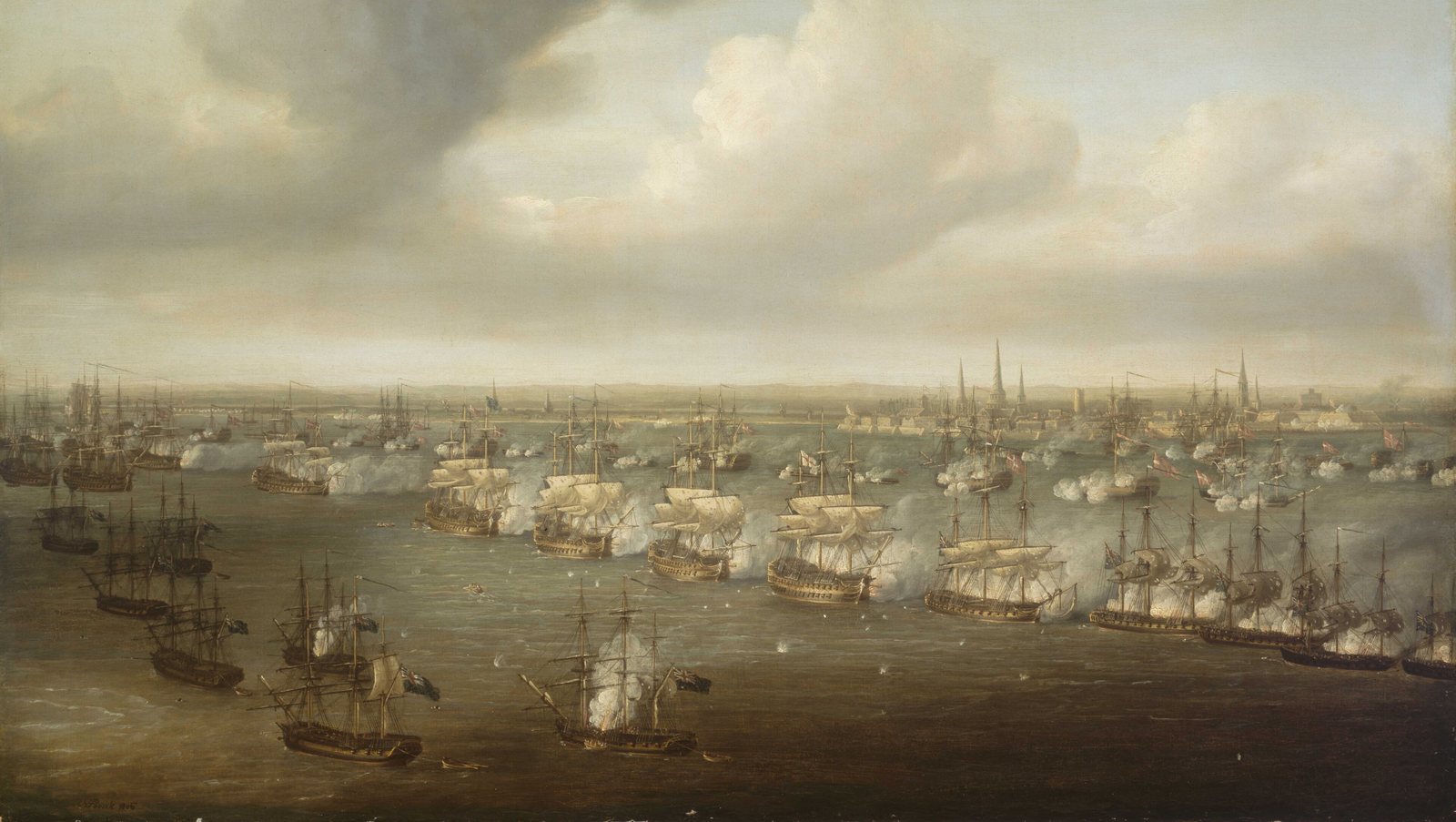 Oil painting of a naval battle: a long line of British sailing warships with white sails exchanges fire with Danish ships anchored in front of the city of Copenhagen, whose spires rise on the horizon under a cloudy sky, and gun smoke drifts across the water.