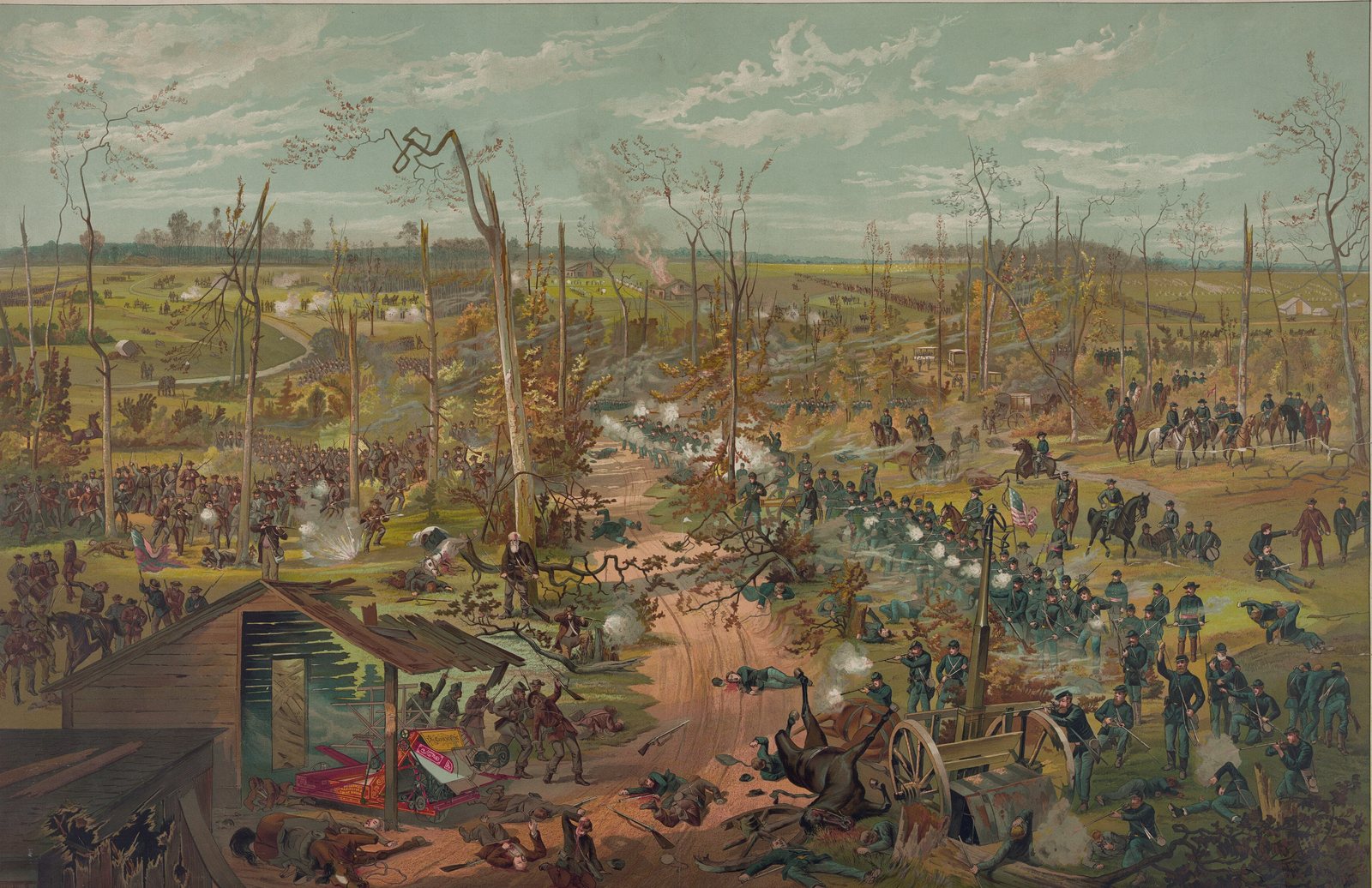 Colored lithograph of a battle in open woodland: a dirt road runs between Confederate troops attacking from the left past a shattered log cabin and lines of Union infantry in blue firing from the right, with a dead horse and an overturned gun carriage in the foreground and smoke rising from distant camps.