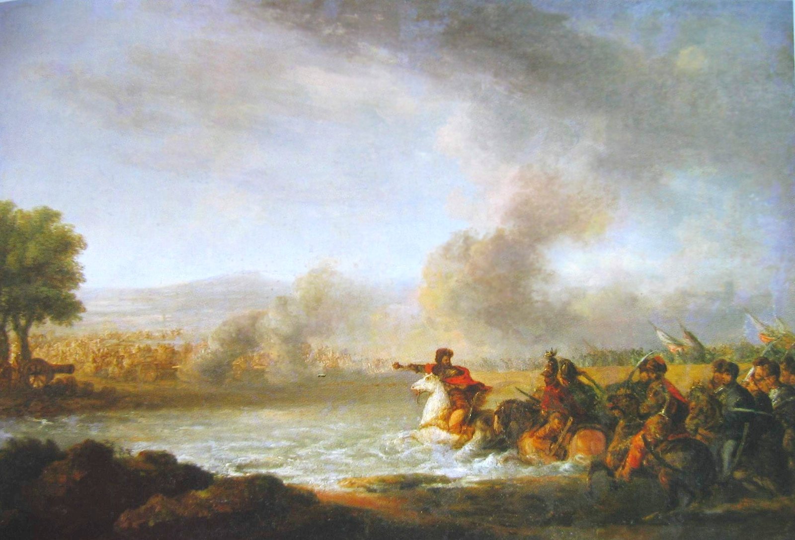 Oil painting: a commander in a red cloak on a white horse rides into a wide river and points ahead, followed by Polish horsemen with lances and banners, while gun smoke rises from a battle on the far bank under a cloudy sky.
