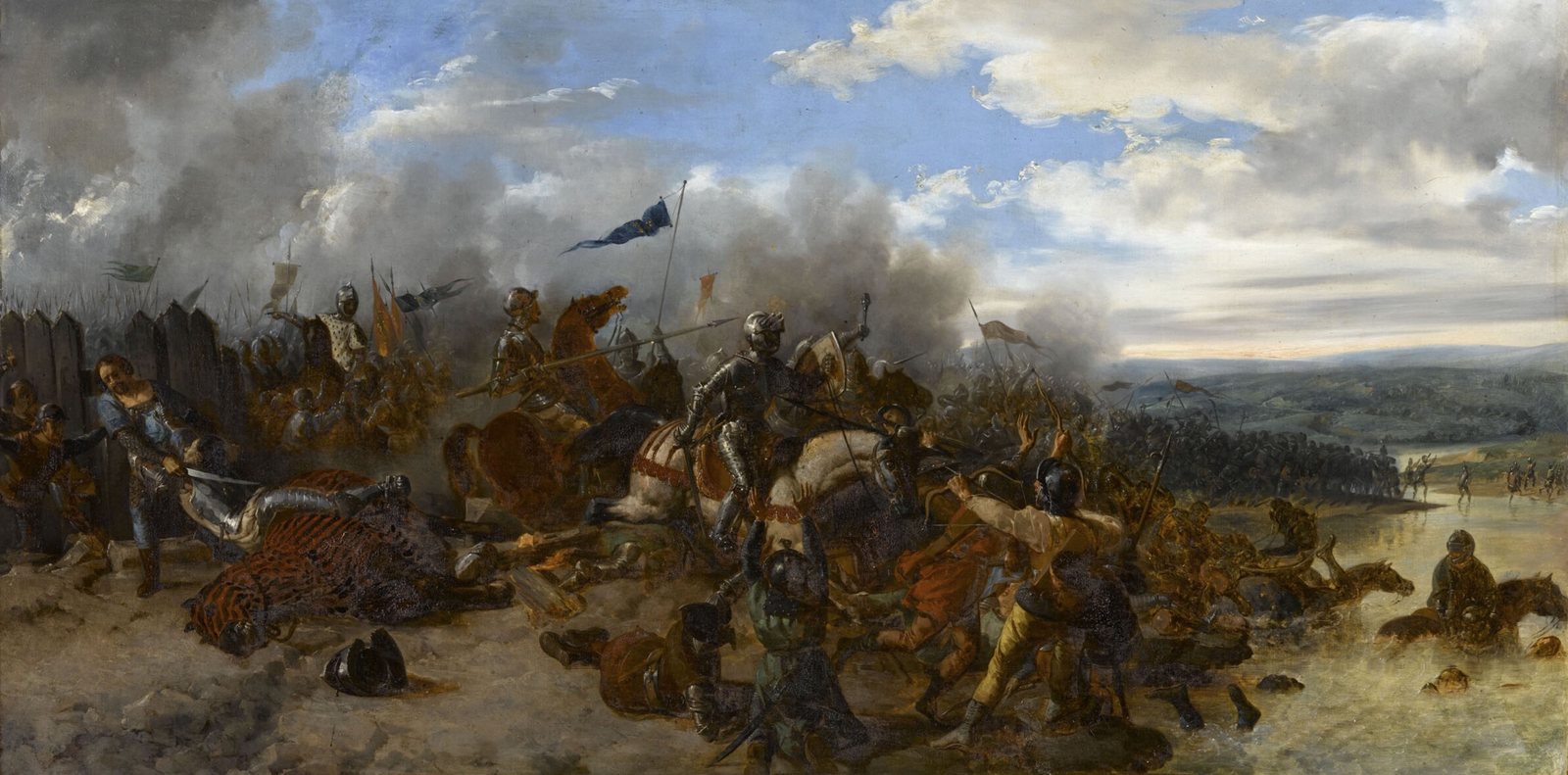 Romantic oil painting of a medieval battle: French knights in plate armor on horseback charge into a mass of soldiers beside a wooden palisade, banners and smoke rise above them, and on the right open countryside and a stream stretch to distant hills.