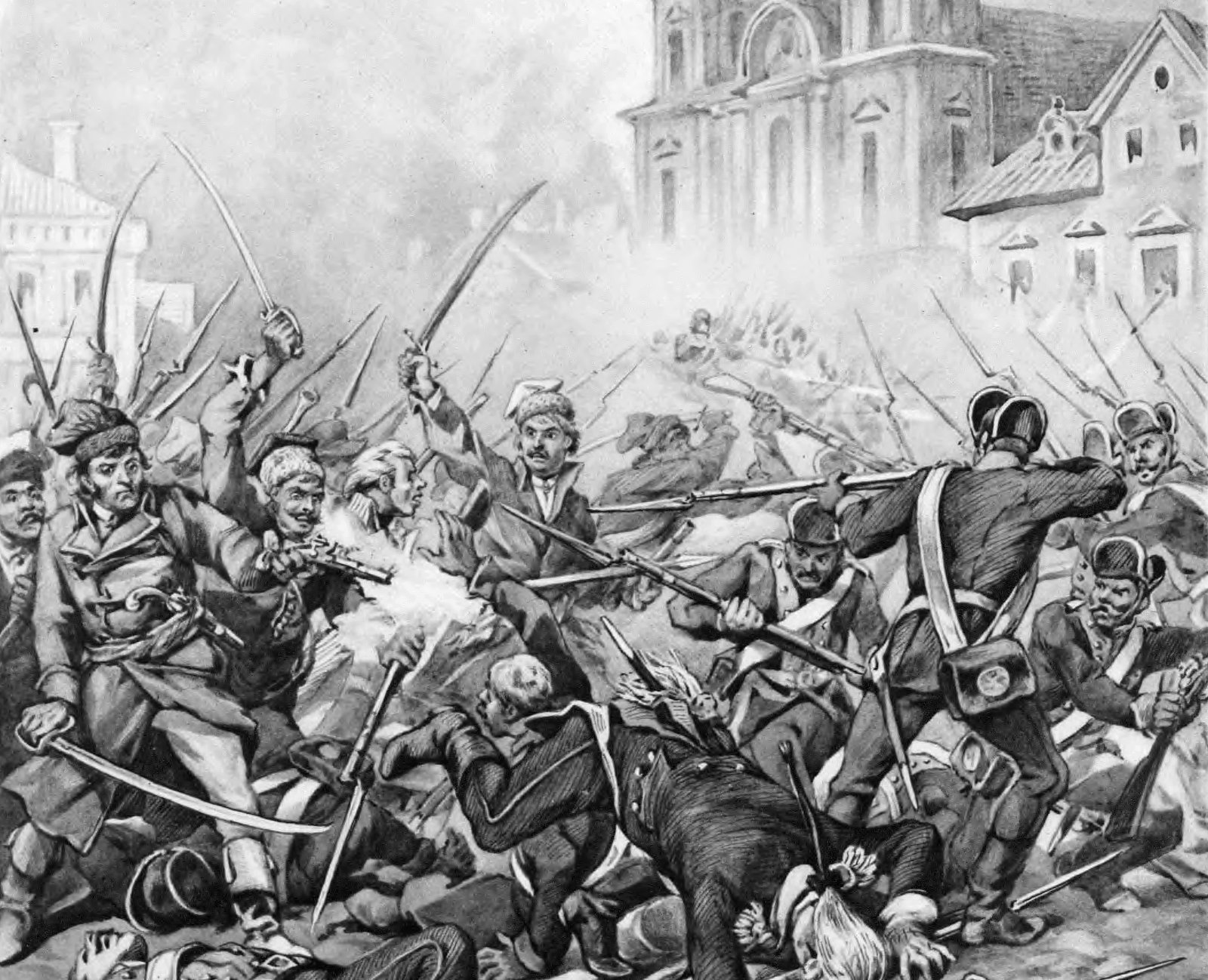 Black and white reproduction of a painting: Warsaw townsmen in fur caps and coats, armed with sabres and muskets, clash with Russian grenadiers in front of a twin-towered baroque church, while fallen soldiers and a tricorn hat lie on the cobbles.