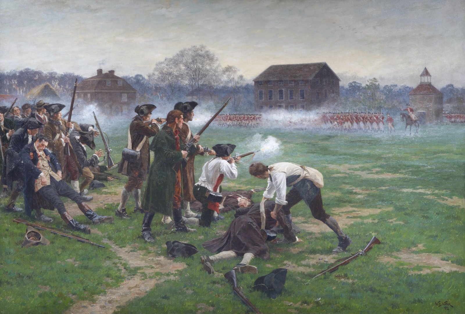 Oil painting of Lexington Green at dawn: colonial militiamen in civilian coats fire muskets and tend a fallen comrade in the foreground, while lines of British redcoats and a mounted officer stand in powder smoke in front of the meeting house.