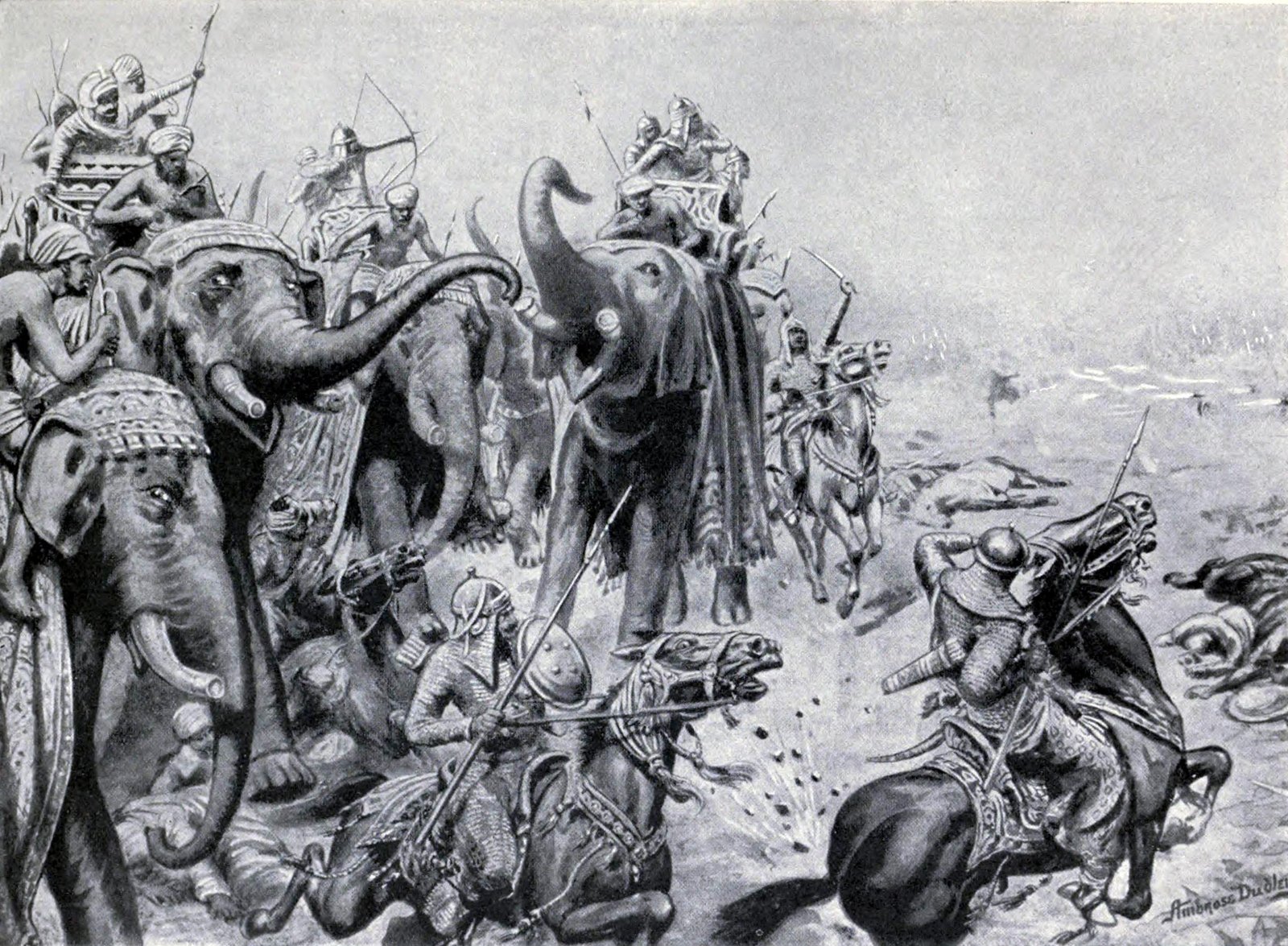 Black and white illustration: armored horsemen with lances and round shields ride into a line of war elephants carrying archers in howdahs, while fallen men and horses lie on a dusty plain under a smoky sky.