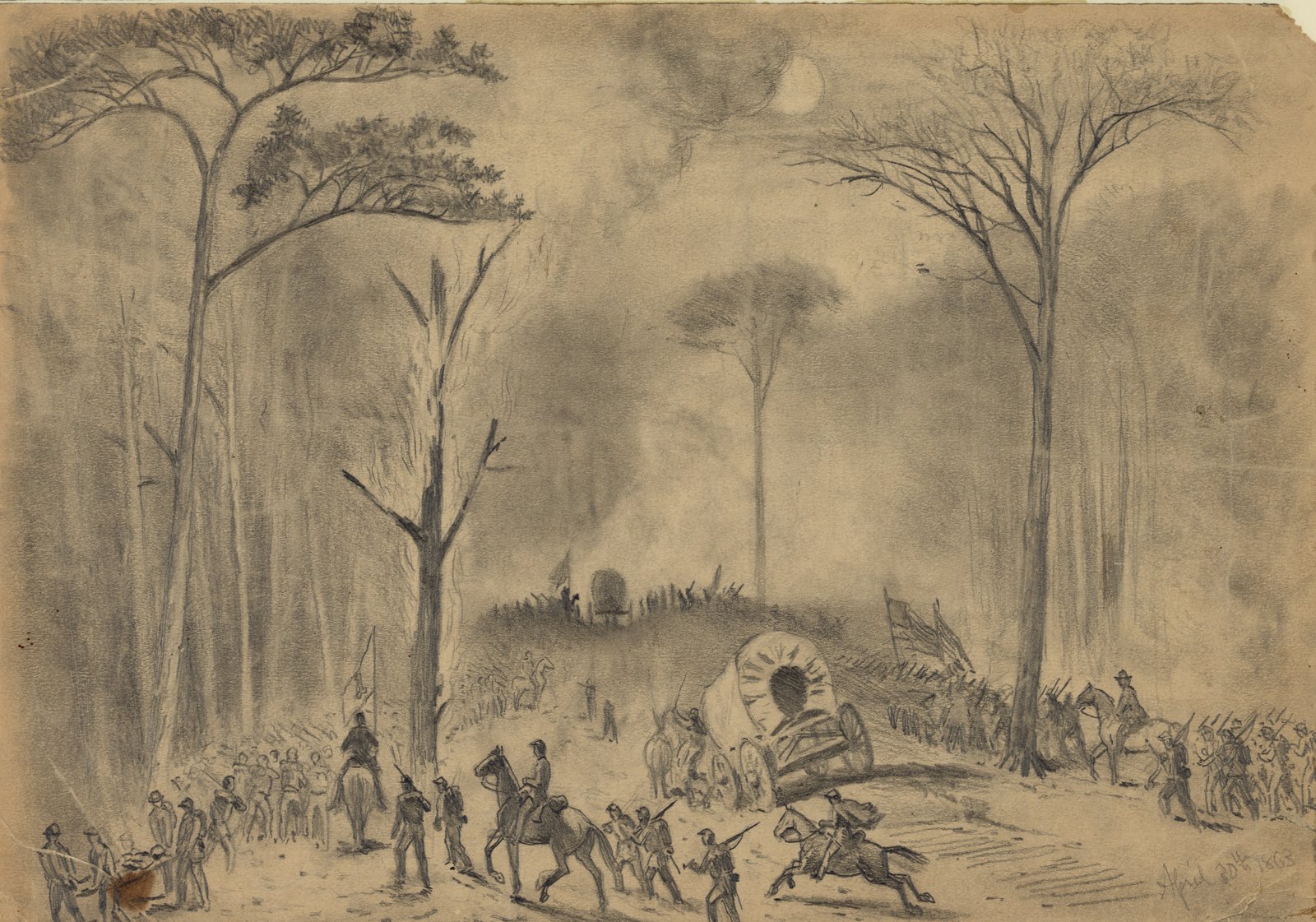 Pencil drawing of a moonlit forest road: Union infantry columns with flags, mounted officers and a covered supply wagon move along a track between tall bare trees, with smoke rising behind a low rise.
