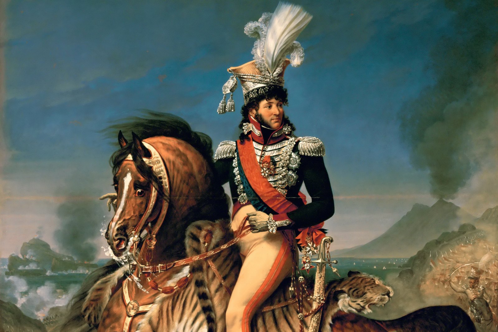 Oil painting: Joachim Murat in a plumed hussar-style cap, a silver-laced jacket and a red sash rides a rearing chestnut horse with a tiger-skin saddle cloth, with a blue sky behind him and a smoking volcano on the right.
