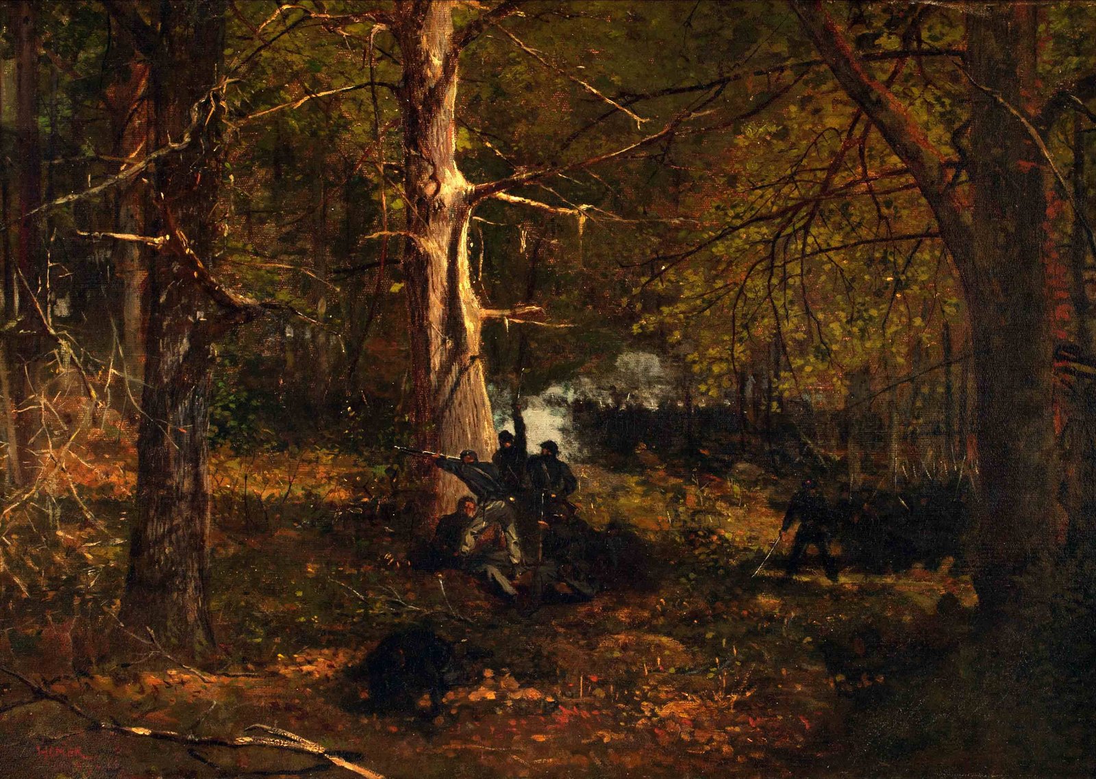 Oil painting of a dim autumn forest: a small group of Union soldiers in dark blue crouch and fire from behind a tall pale tree trunk, gun smoke drifts through the undergrowth beyond them, and another soldier advances through the shadows on the right.