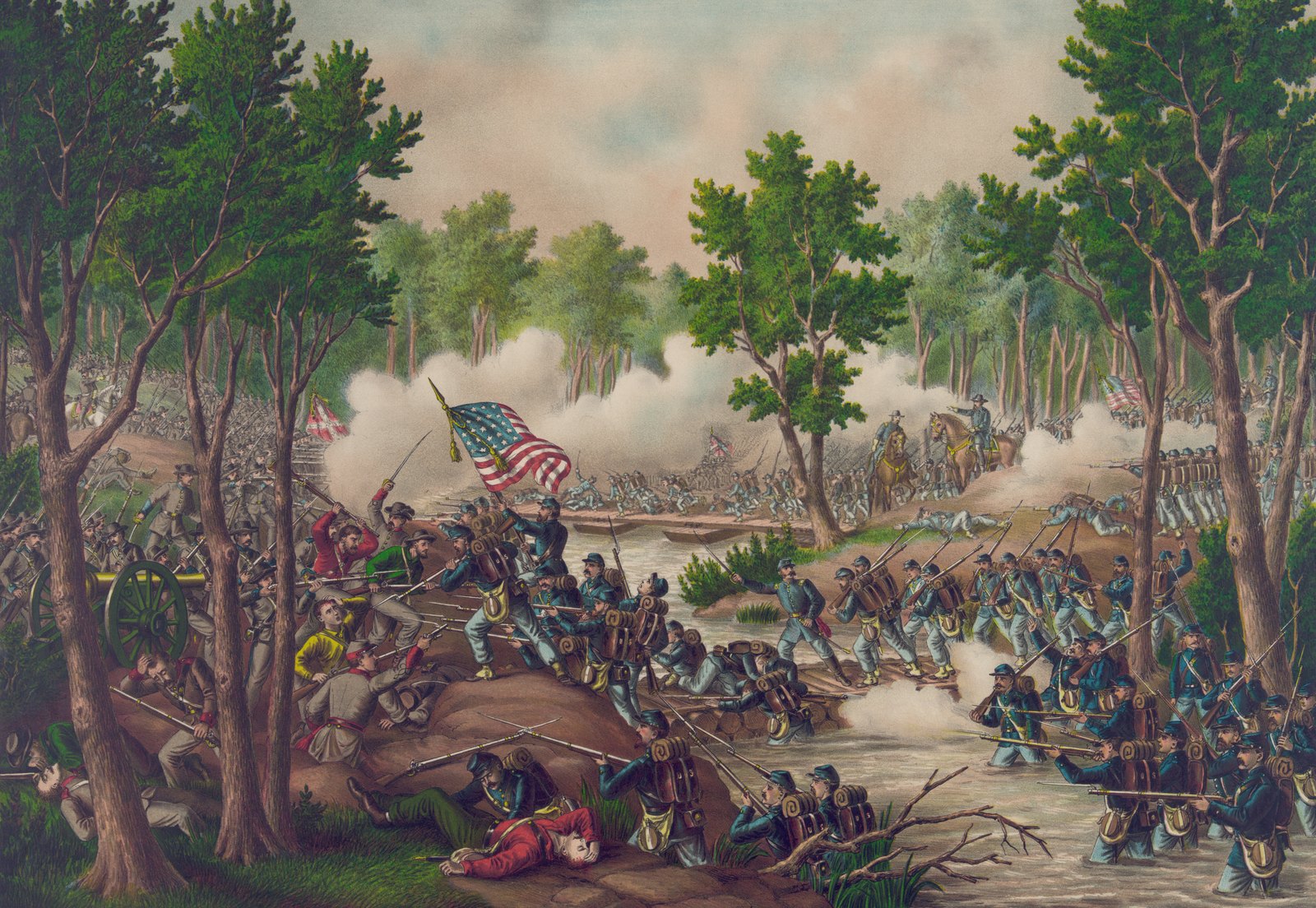 Colored lithograph of a battle in woodland: Union infantry in blue with knapsacks wade a stream and charge up a bank under the Stars and Stripes against Confederates firing from behind a cannon on the left, while gun smoke rolls through the trees and mounted officers watch from the far bank.