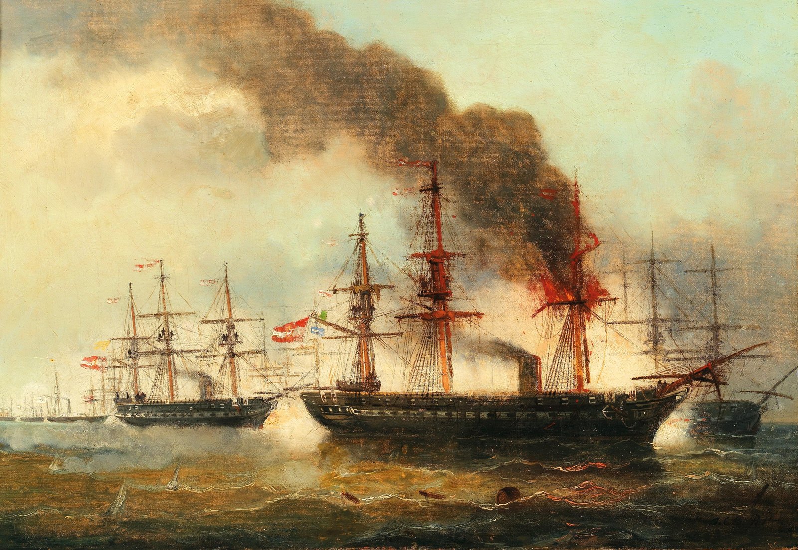 Oil painting of a sea battle: a large steam frigate flying the red and white Austrian ensign burns at the foremast, with flames and a column of brown smoke rising into a pale sky, while other sailing warships fire through gun smoke on a choppy sea.