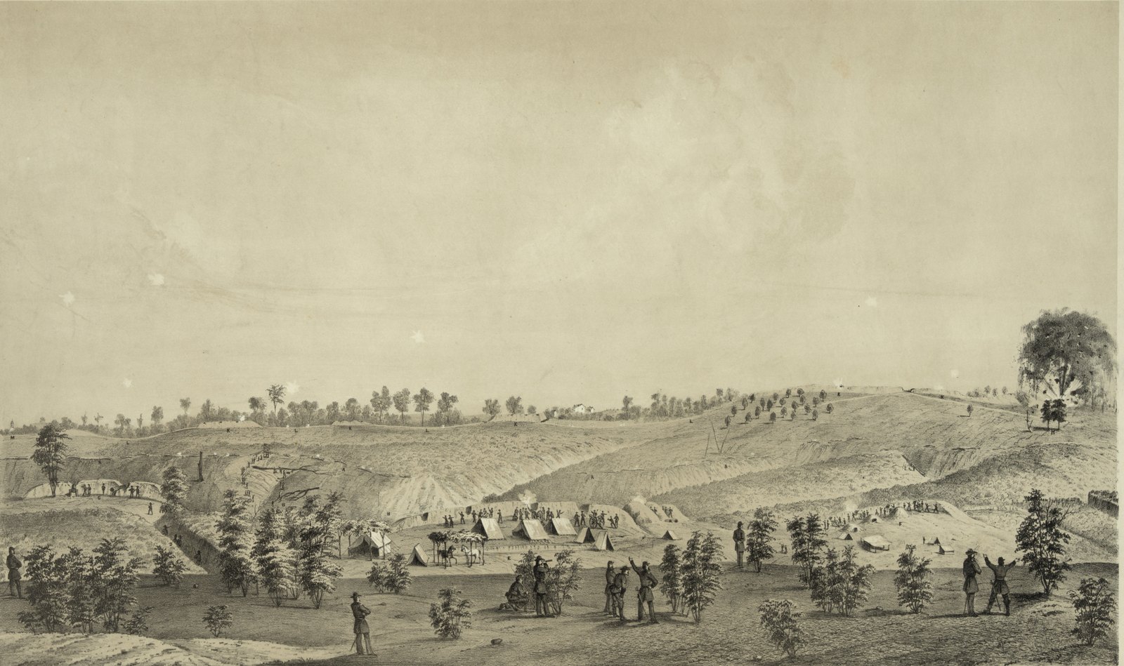 Tinted lithograph of the siege lines at Vicksburg: Union tents and earthworks in a valley below bare, scarred hills, with officers watching from the foreground and shell bursts in the sky above the Confederate positions on the ridge.