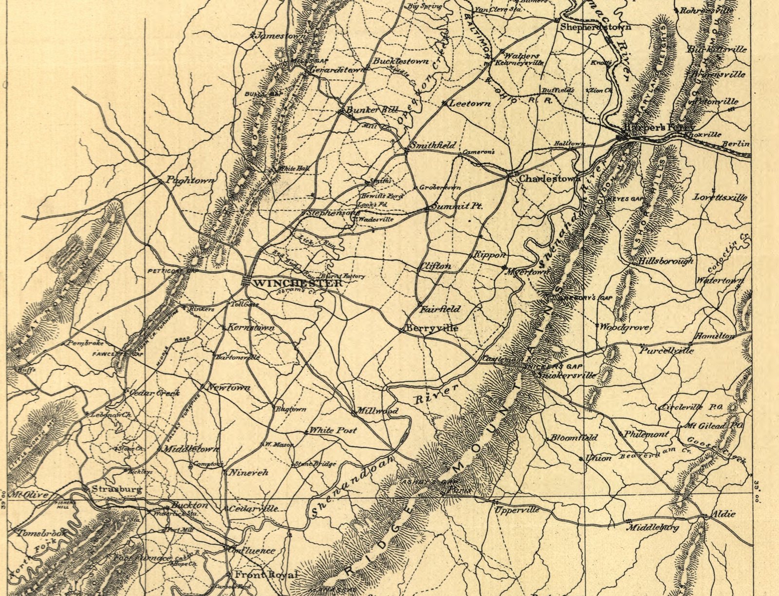 Engraved nineteenth-century map of the northern Shenandoah Valley: Winchester at the center of a web of roads, with Front Royal, Middletown and Newtown to the south, the Blue Ridge running diagonally to the east and Harpers Ferry on the Potomac at upper right.