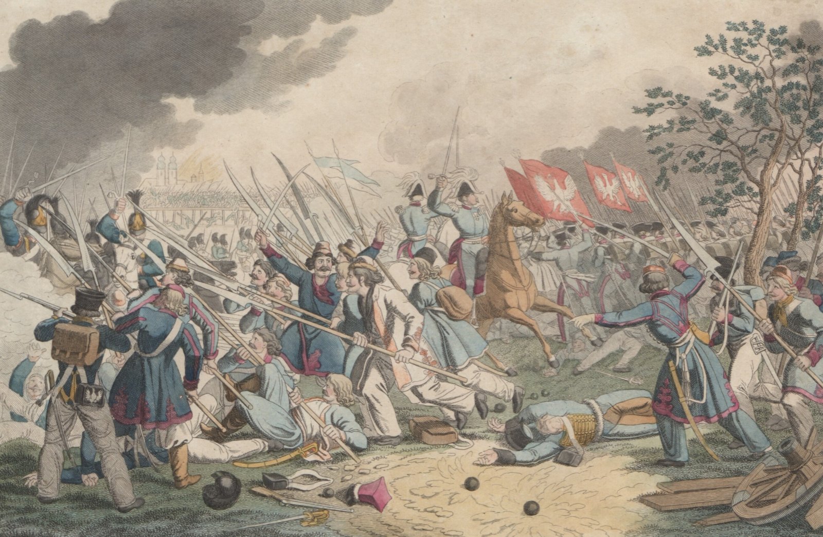 Hand-colored print of the Battle of Ostrołęka: Polish infantry and scythemen in blue coats charge with bayonets and scythes past fallen soldiers and cannonballs, mounted officers and red banners with the white eagle behind them, and the burning town with its church towers in the smoky distance.
