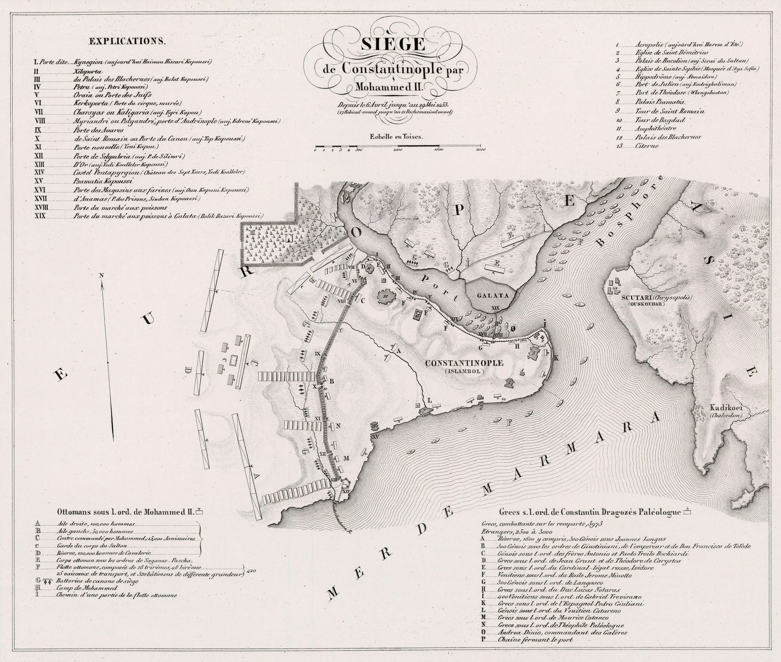 Engraved nineteenth-century plan of the siege of Constantinople: the walled city on its triangular peninsula between the Golden Horn and the Sea of Marmara, Galata across the harbor, the Ottoman camps and gun batteries in lines before the land walls, ships in the Bosporus, and lettered keys to both armies.