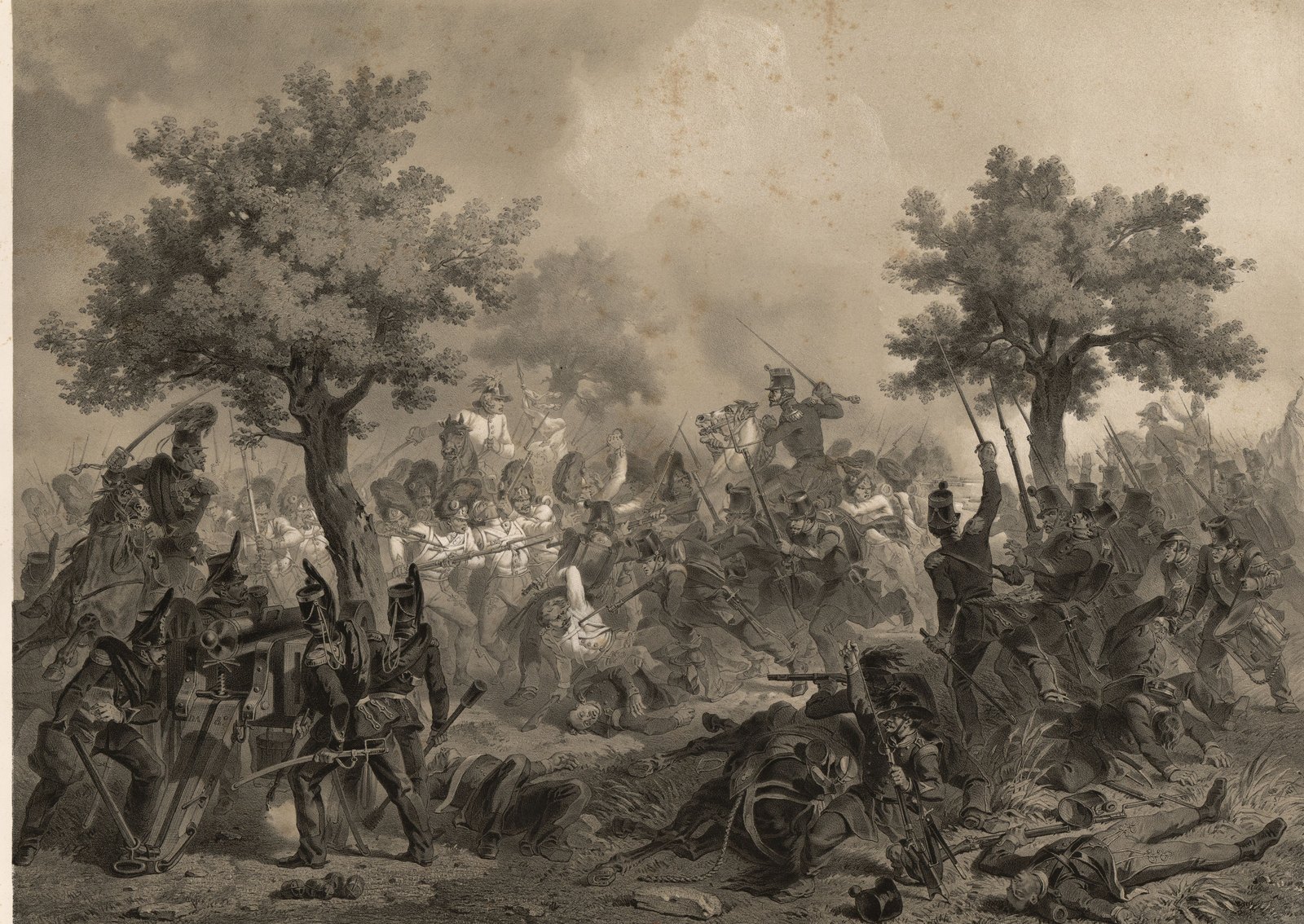 Tinted lithograph of the Battle of Goito: Piedmontese gunners work a cannon beside a tree at left while their infantry and mounted officers clash with white-coated Austrian grenadiers in bearskins amid smoke, with fallen men and a dead horse in the foreground.