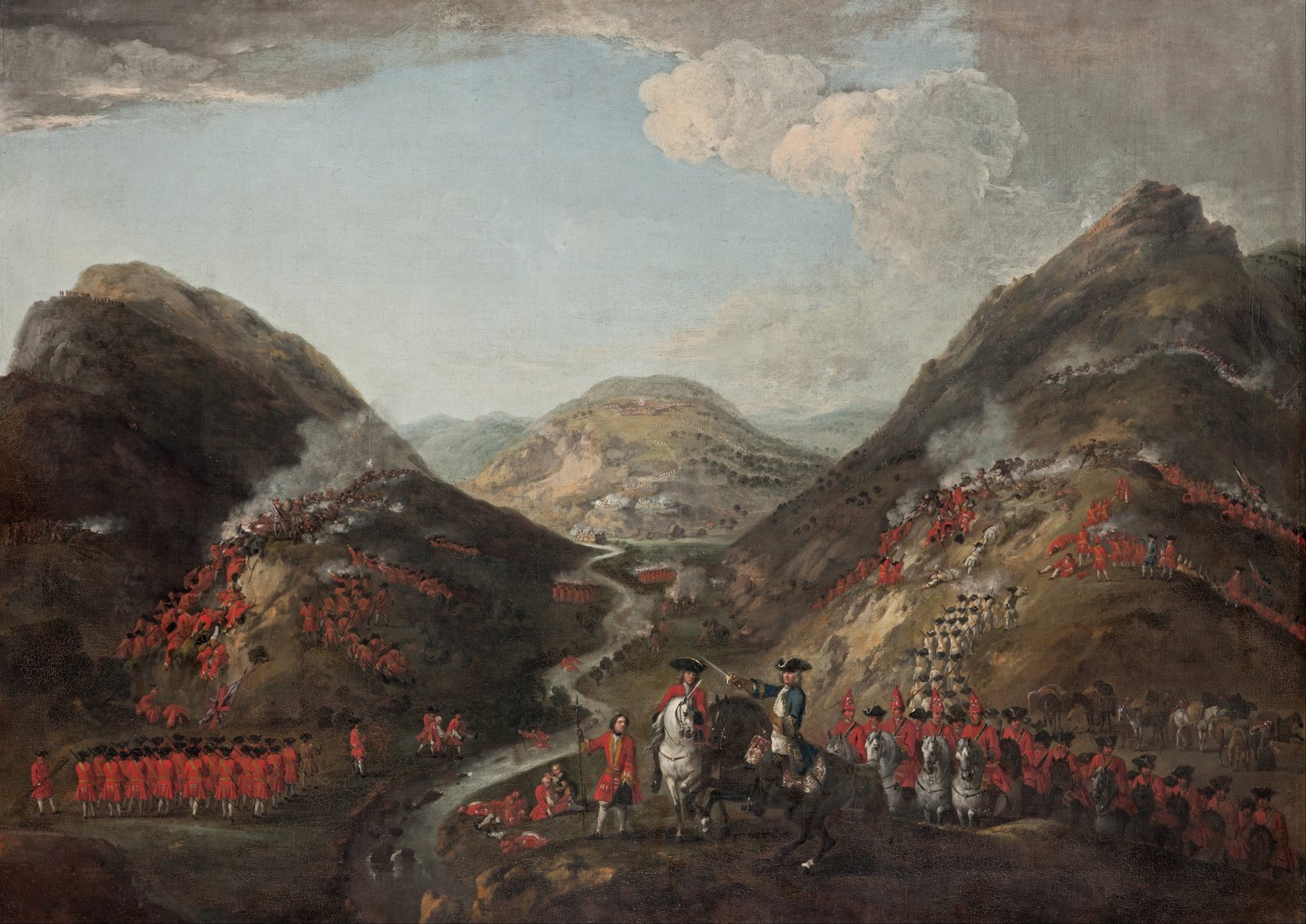 Eighteenth-century painting of the Battle of Glen Shiel: red-coated government infantry climb the steep slopes of a narrow Highland glen on both sides of a winding river, smoke rising where they meet the Jacobite positions, while mounted officers and grenadiers gather in the foreground.